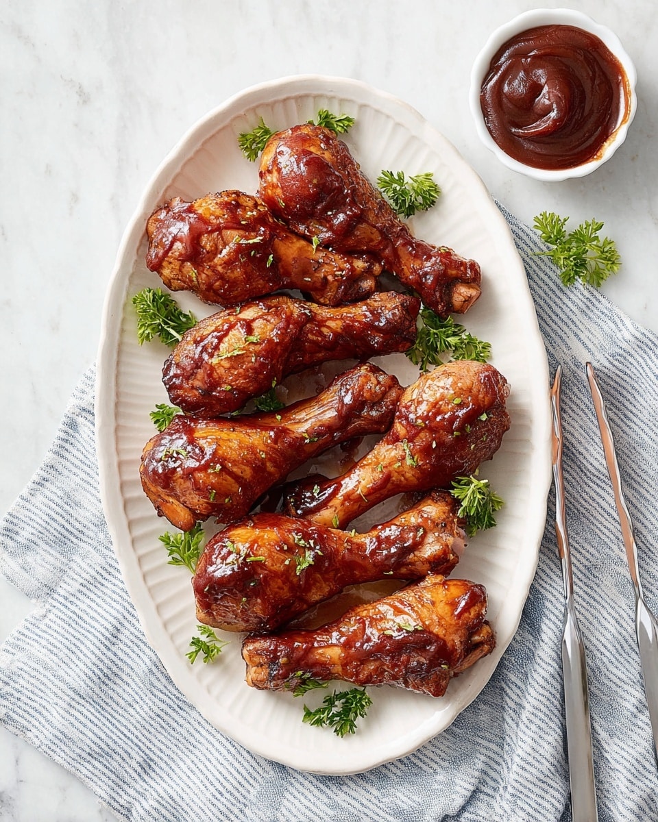 A white oval plate with nine glossy, dark brown glazed chicken drumsticks arranged in two rows, slightly overlapping, with bright green parsley leaves placed around them for decoration. Next to the plate is a small white bowl filled with smooth, dark brown barbecue sauce. The plate sits on a white marbled surface with a silver tong nearby and a soft, blue and white striped cloth partially visible on the left side. Photo taken with an iphone --ar 4:5 --v 7