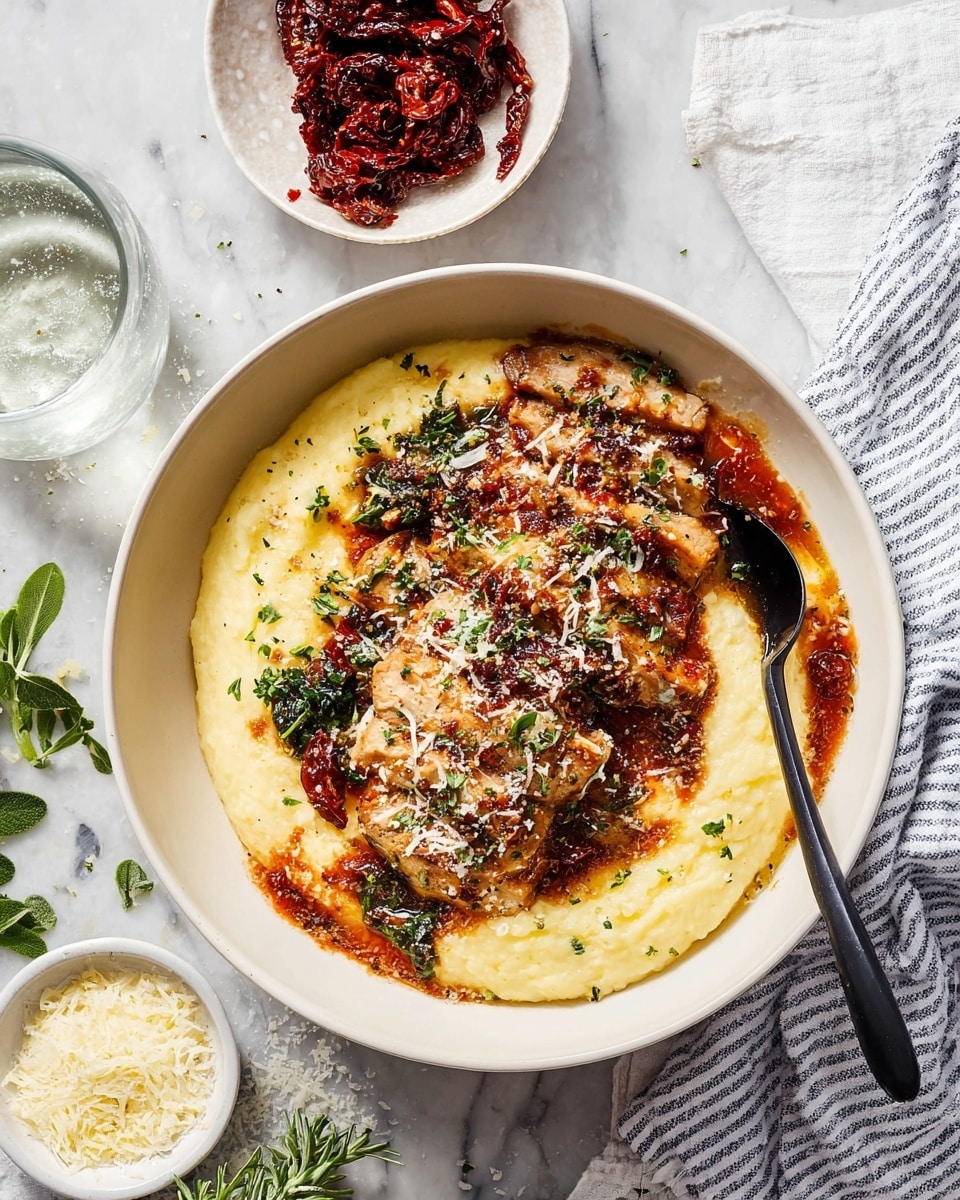 A white ribbed bowl holds three main layers: the bottom layer is creamy, pale yellow mashed potatoes with a smooth texture, slightly spread around the edges; above that are several slices of golden-brown cooked chicken arranged in a row; the top layer is a thick reddish-brown sauce with visible spinach leaves and pieces of sun-dried tomatoes, evenly covering the chicken and mashed potatoes. The dish is sprinkled with a light dusting of grated cheese and small green herb leaves. A black spoon rests on the left side, partially dipped in the mashed potatoes and sauce. The bowl sits on a white marbled surface with scattered green herb leaves. Nearby are a clear glass of water, a white bowl with grated cheese, a small white bowl filled with sun-dried tomatoes in oil, and parts of a gray and white striped cloth. Photo taken with an iphone --ar 4:5 --v 7