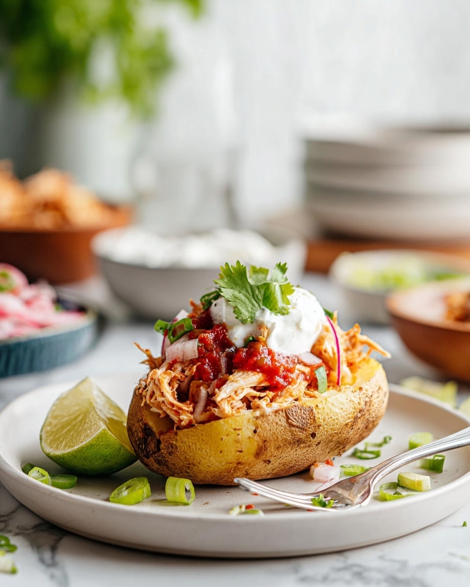 A close-up of a white plate on a white marbled surface holding a single taco with two soft, lightly toasted corn tortillas as the base. On top of the tortillas is shredded, cooked chicken in light beige color, covered with red salsa and a dollop of white sour cream in the center. Bright pink pickled onions and small green chopped scallions are scattered on top along with a sprig of bright green cilantro in the middle. To the side, there is a small wedge of lime and a silver fork placed on the edge of the plate. Around the plate, some green scallions and cilantro leaves are lightly scattered. Photo taken with an iphone --ar 4:5 --v 7