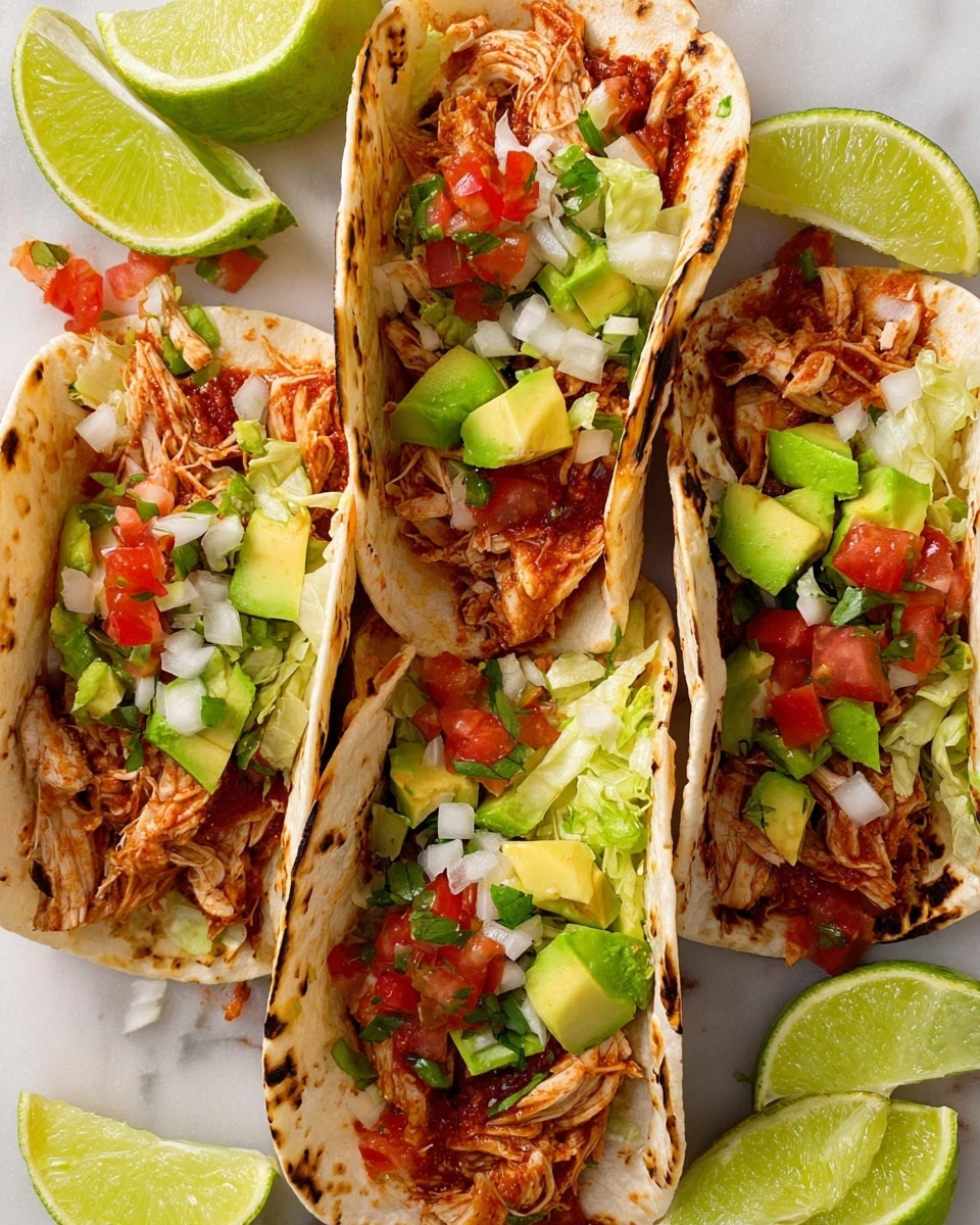 Five tacos are shown served closely together on a white marbled surface lined with white parchment paper. Each taco is built on a lightly charred, soft white tortilla. The bottom layer consists of shredded cooked chicken mixed with a reddish seasoning, topped with shredded green lettuce. Above this, there is a layer of diced white onion and bright red tomato salsa with small bits of green herbs. The top layer has chunks of fresh green avocado resting on the salsa. Around the tacos, there are lime wedges and some loose pieces of lettuce. The image shows the tacos from a top view with vibrant colors and textures clearly visible photo taken with an iphone --ar 4:5 --v 7