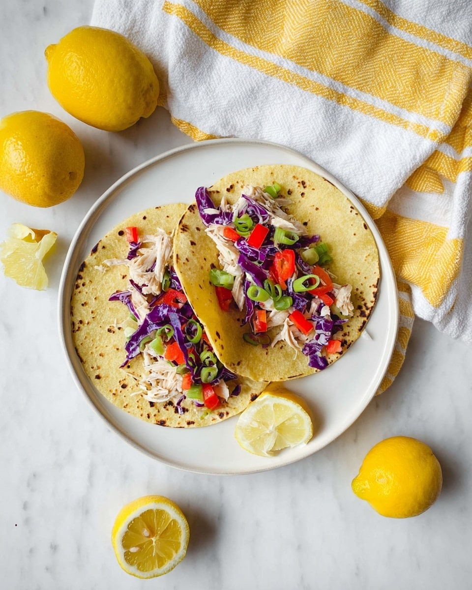 Two tortillas with dark grill marks lie flat on a white plate, each topped with shredded light-colored meat, strips of purple cabbage, small cubes of red bell pepper, and sliced green onions. Around the plate are lemon wedges and two halves of yellow lemons. A white and yellow striped cloth is placed near the plate on a white marbled surface. photo taken with an iphone --ar 4:5 --v 7