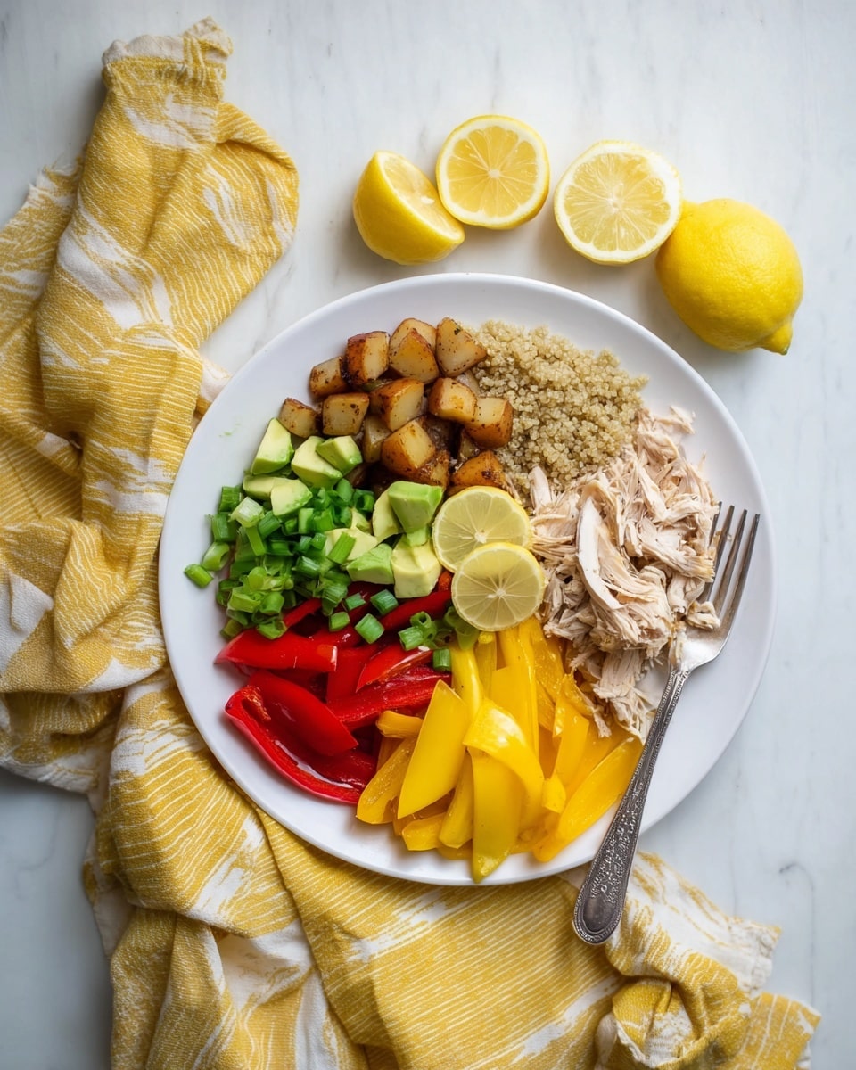 A white round plate with six different food layers arranged in a circular pattern on a white marbled surface. Starting from the top right, there is a light beige shredded chicken layer with a soft texture, next to a pile of small, golden brown roasted potato cubes with a slightly crispy texture. Below the potatoes, vibrant red thinly sliced bell pepper strips line up, followed by bright yellow bell pepper strips that add a fresh, crunchy look. Next to these colorful peppers is a light beige quinoa layer with small, round grains, and above this is a layer of green avocado slices fanned out with visible smooth texture and light green chopped scallions beside it. In the center, two lemon wedges add a pop of bright yellow, and a silver fork rests on the right edge of the plate. Around the plate, there are whole and halved lemons placed casually with a white towel featuring yellow stripes nearby. Photo taken with an iphone --ar 4:5 --v 7