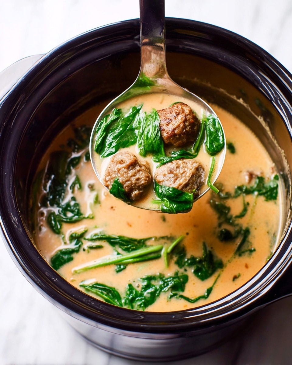 A black ladle holds three small brown meatballs mixed with bright green spinach leaves, all resting in a light creamy orange soup broth that drips back into a black pot. Inside the pot, more fresh green spinach floats on the smooth soup, creating a contrast with the pale broth. The scene is set on a white marbled surface with soft natural light highlighting the textures. Photo taken with an iphone --ar 4:5 --v 7
