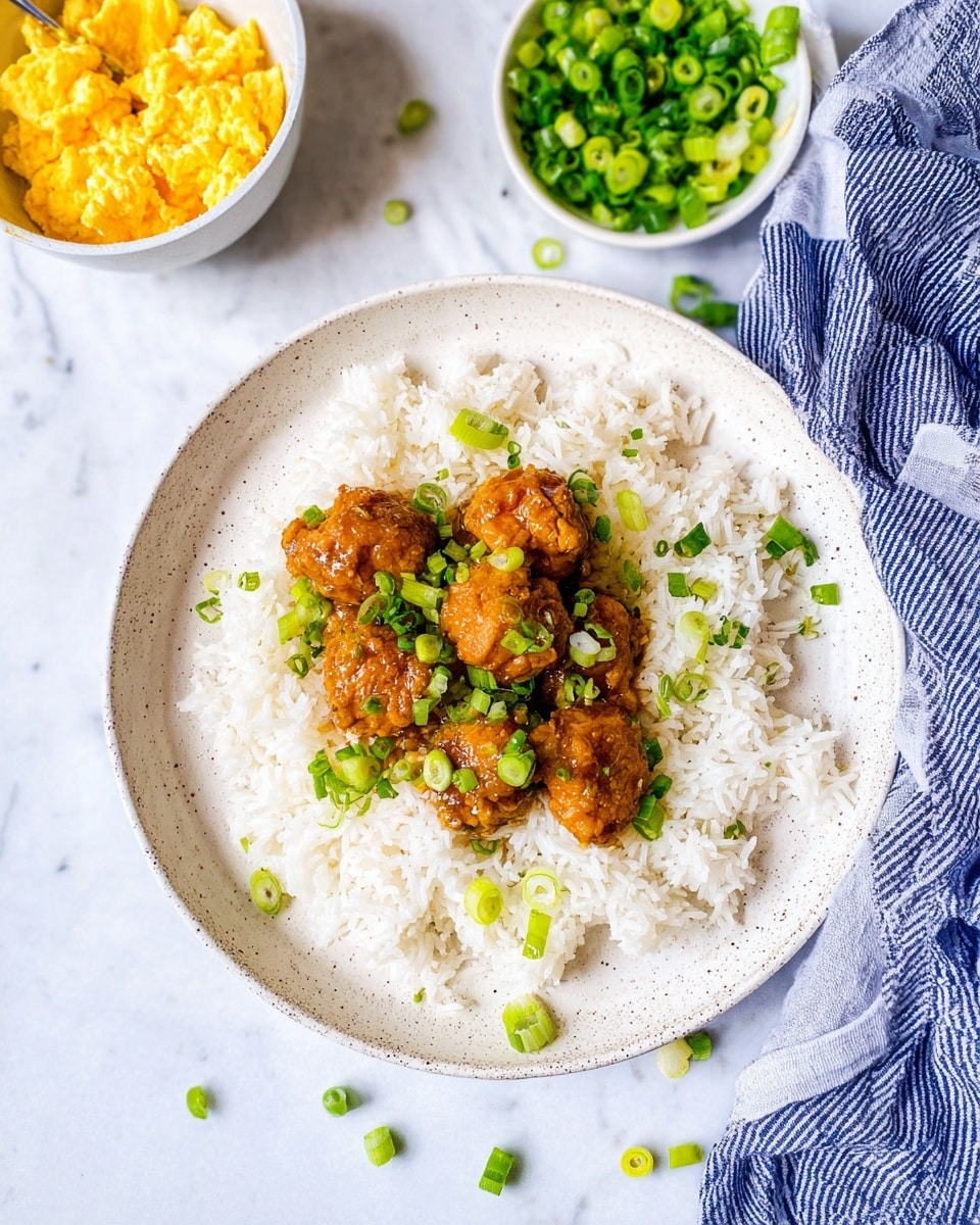 A white bowl filled with a base layer of fluffy white rice with visible separate grains, topped with a pile of brown meatballs that have a slightly rough, cooked texture. Bright green chopped scallions are sprinkled over the meatballs and scattered lightly on the rice, adding fresh color contrast. The bowl sits on a white marbled surface, and in the background there is a blurred glimpse of green leaves in a white bowl and a blue and white striped cloth. photo taken with an iphone --ar 4:5 --v 7