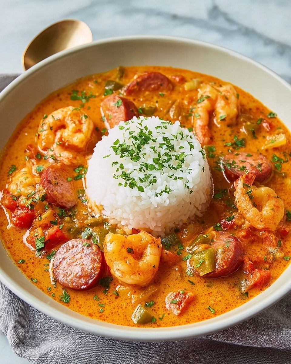 A light green bowl filled with a layered dish showing white rice shaped in a small mound in the center, topped with scattered green herbs. Surrounding the rice is a thick orange-brown stew with visible shrimp, sliced sausage, and chunks of vegetables like green and red peppers, all sprinkled lightly with green herbs. The stew has a smooth texture with small bits of ingredients mixed in. The bowl rests on a white marbled surface with a grey cloth nearby. Photo taken with an iphone --ar 4:5 --v 7