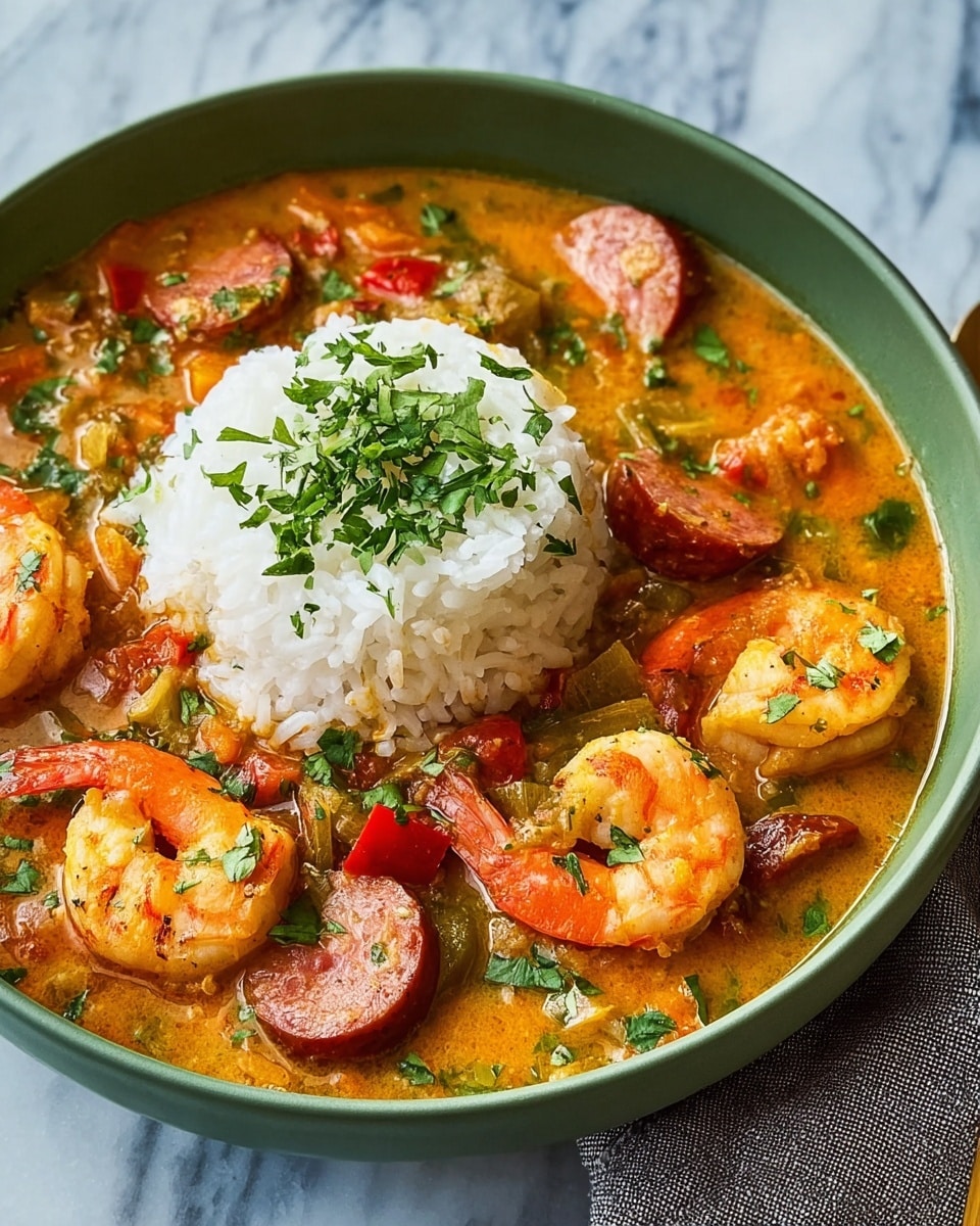 A shallow white bowl sits on a white marbled surface, filled with orange-brown stew. The stew has pieces of sausage, shrimp, and vegetables visible throughout. In the center, a mound of white rice stands tall, sprinkled with finely chopped green herbs. The stew surrounds the rice, with chunks of red sausage slices and plump shrimp showing through the thick sauce. More green herbs are scattered on top of the stew, adding a fresh contrast to the rich colors. A gray cloth is partially visible to the side of the bowl photo taken with an iphone --ar 4:5 --v 7