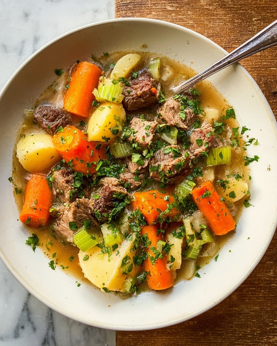 A white bowl filled with a beef stew showing three main layers: the base layer is a light brown broth that fills the bottom, the middle layer is a mix of chunky orange carrots, pale yellow cubed potatoes, and green celery pieces, and the top layer has tender brown beef pieces scattered evenly, all topped with fresh chopped green parsley. A silver spoon rests on the edge of the bowl, and the bowl is placed on a wooden table. photo taken with an iphone --ar 4:5 --v 7
