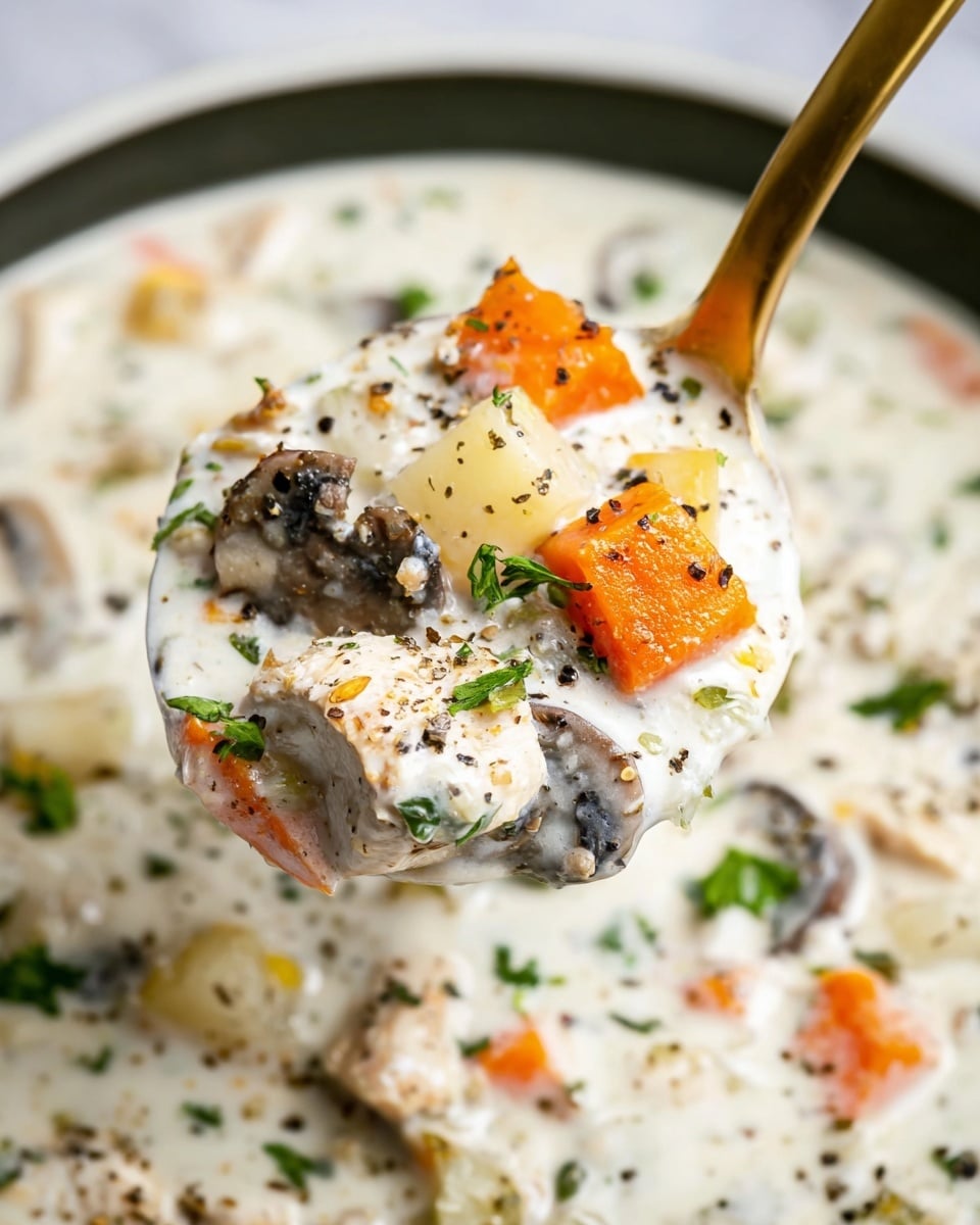 A close-up of a golden spoon holding a thick, creamy white soup with visible chunks of orange carrot, light yellow potato, white shredded meat, and dark brown mushrooms. The soup is speckled with green fresh herbs and black pepper, giving a textured and colorful look. The background is blurred but shows more of the same creamy soup. The whole scene rests on a white marbled surface. photo taken with an iphone --ar 4:5 --v 7