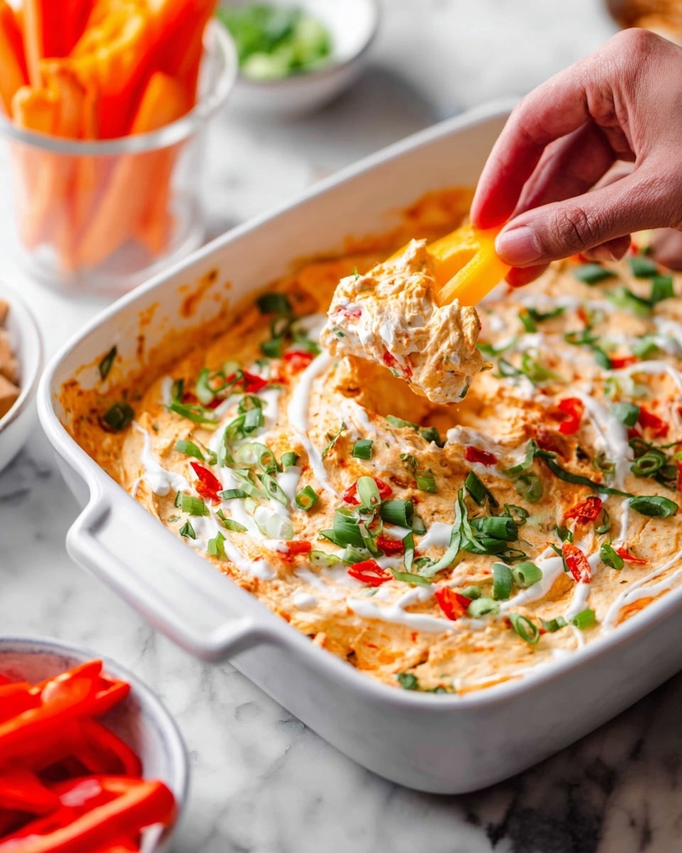 A white rectangular dish filled with a creamy, thick dip that is orange with bits of red peppers mixed in. The surface of the dip is swirled and topped with a drizzle of white sauce, bright green chopped scallions, and small drops of red hot sauce. A dark spoon is placed inside the dish, partially scooping some dip. In the background, there are small white bowls with green peas and sliced red bell peppers, and a glass jar holding carrot sticks. Next to the dish is a bottle of bright orange buffalo sauce labeled “Primal Kitchen Buffalo Sauce Avocado Oil,” all set on a white marbled surface. Photo taken with an iphone --ar 4:5 --v 7