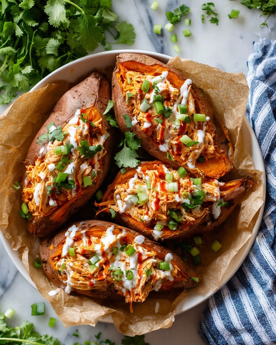 Three baked sweet potatoes with a rough, dark orange skin sit in a round white bowl lined with brown parchment paper. Each sweet potato is sliced open to show soft, bright orange flesh filled with shredded, cooked chicken that has a light brown and slightly moist texture. The tops are drizzled with white creamy sauce and a red sauce, adding contrast. Green leafy cilantro and chopped green spring onions are sprinkled on top, providing fresh, bright green color. The bowl is set on a white marbled surface near a striped gray and white cloth and some fresh cilantro leaves. Photo taken with an iphone --ar 4:5 --v 7