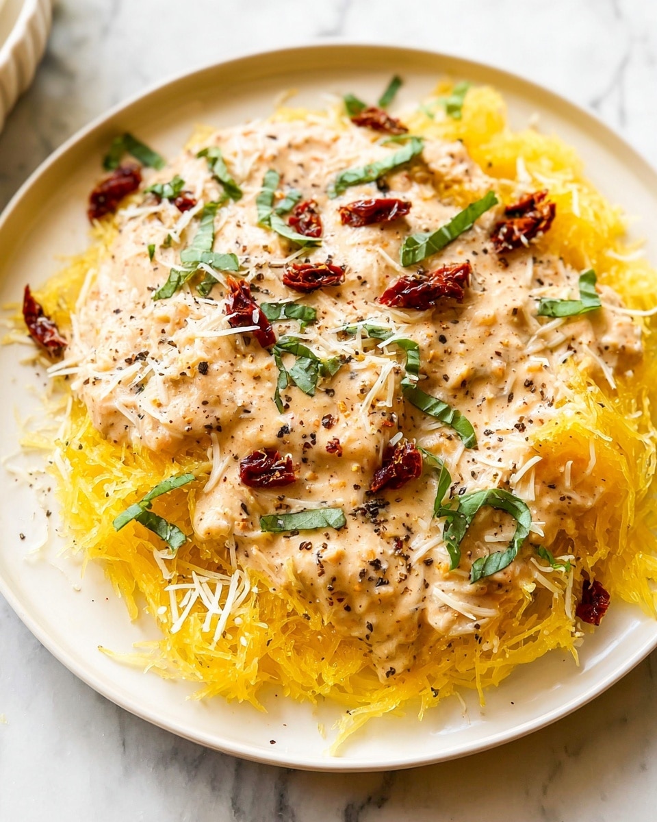 The dish shows two main layers on a white plate sitting on a white marbled surface. The bottom layer is a nest of yellow spaghetti squash strands with a light, slightly shredded texture. On top of this is a creamy beige sauce-covered chicken piece, dotted with small pieces of red sun-dried tomatoes. Scattered on the sauce and around the dish are thin white cheese shreds and small green basil leaves. Light black pepper is sprinkled across the whole dish, adding speckled dark spots to the colors. Photo taken with an iphone --ar 4:5 --v 7