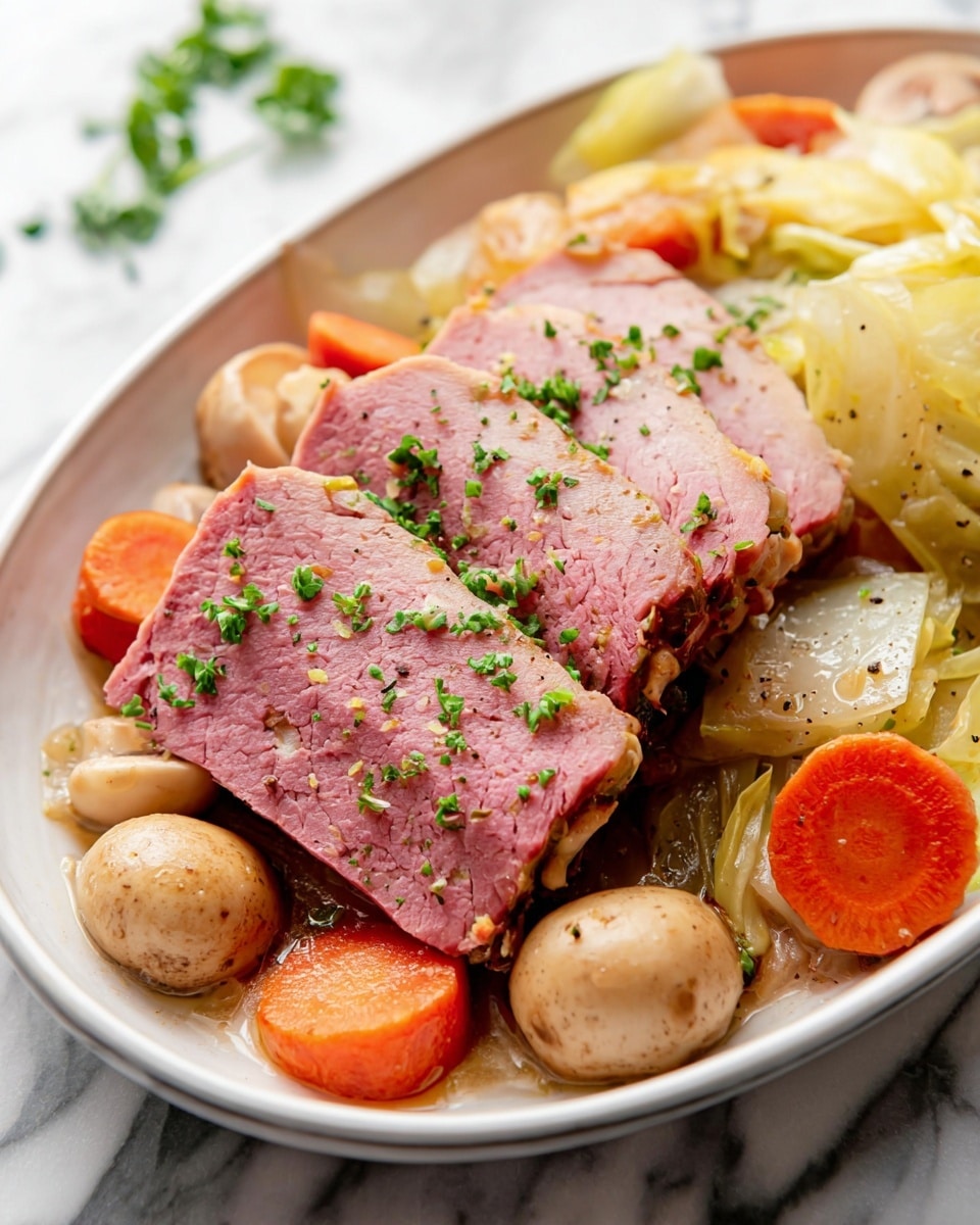 A white plate holds two thick slices of pink corned beef with visible grain and bits of mustard seeds on top, placed at the center. Around the meat are soft cooked vegetables: bright orange carrot chunks, whole light brown baby potatoes, and tender pale cabbage layers that look slightly translucent. Small green herb pieces are sprinkled over the dish, adding a fresh touch. The plate is on a white marbled surface with a wooden chopstick resting diagonally beside it. photo taken with an iphone --ar 4:5 --v 7