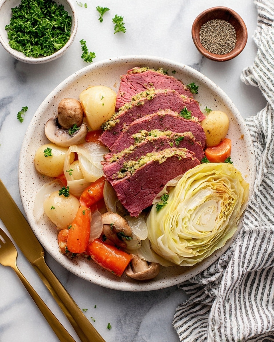 A white speckled plate holds a layered meal starting with a base of cooked cabbage leaves on the right side, pale yellow with a soft texture. On top, there are three slices of pink corned beef with a slightly coarse texture and a mustard seed crust on the edge, sprinkled with chopped parsley. Surrounding the meat, there are three round light brown mushrooms with a smooth surface, several bright orange carrot chunks, and translucent cooked onion rings scattered around. The dish is sprinkled with black pepper and parsley pieces. The plate is set on a white marbled surface with a striped cloth in the corner and a gold fork and knife to the right, along with small bowls of chopped green herbs and ground black pepper nearby. Photo taken with an iphone --ar 4:5 --v 7