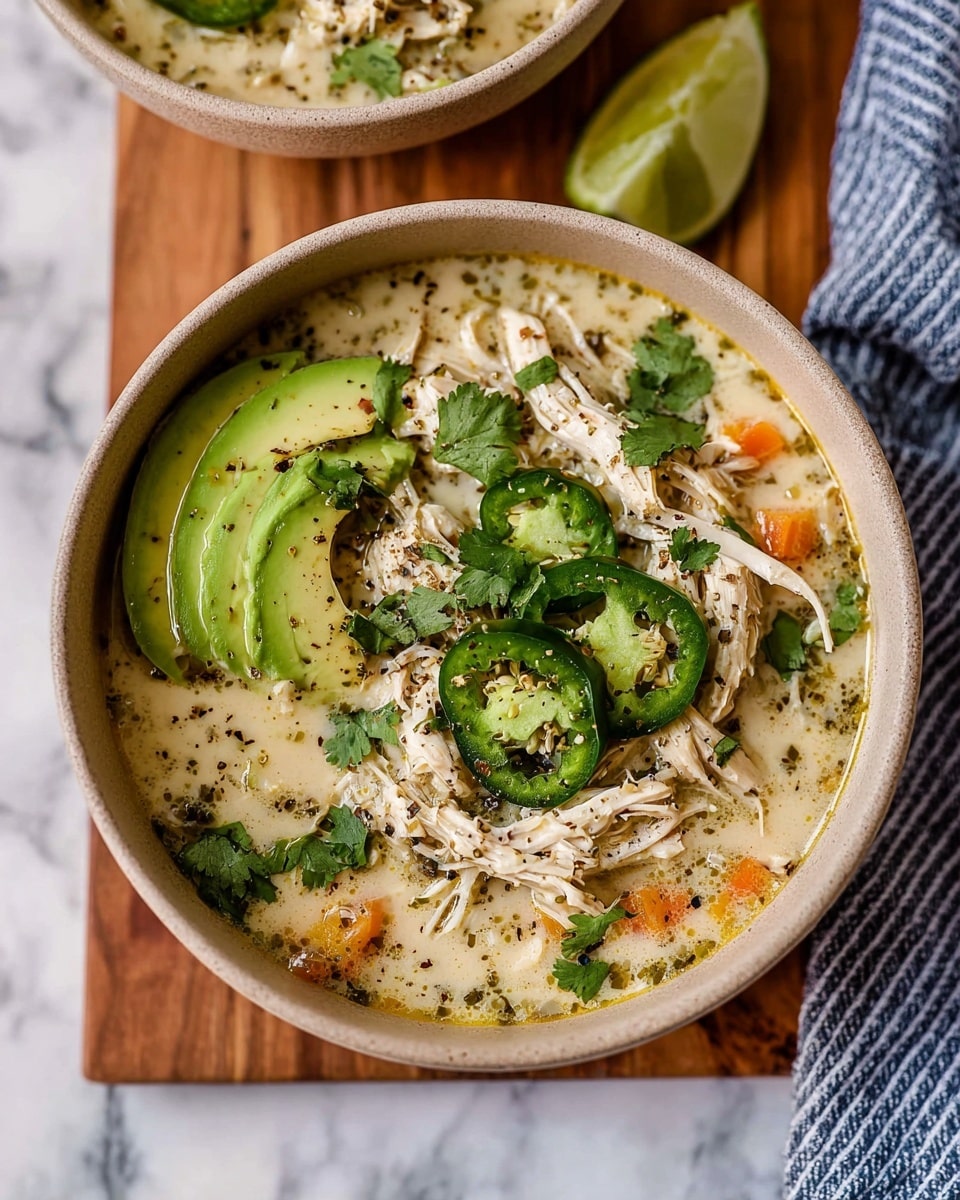 A bowl filled with creamy chicken soup showing shredded chicken pieces as the main layer in a light yellow broth with small bits of herbs and vegetables. On top, there are thin green slices of jalapeño arranged in a circle and a smooth, curved slice of light green avocado with black pepper sprinkled over it. Small green cilantro leaves are scattered around the toppings for a fresh look. The soup is in a white bowl set on a wooden board with a blue and white striped cloth beside it, all placed on a white marbled surface. A wedge of green lime sits near the bowl photo taken with an iphone --ar 4:5 --v 7