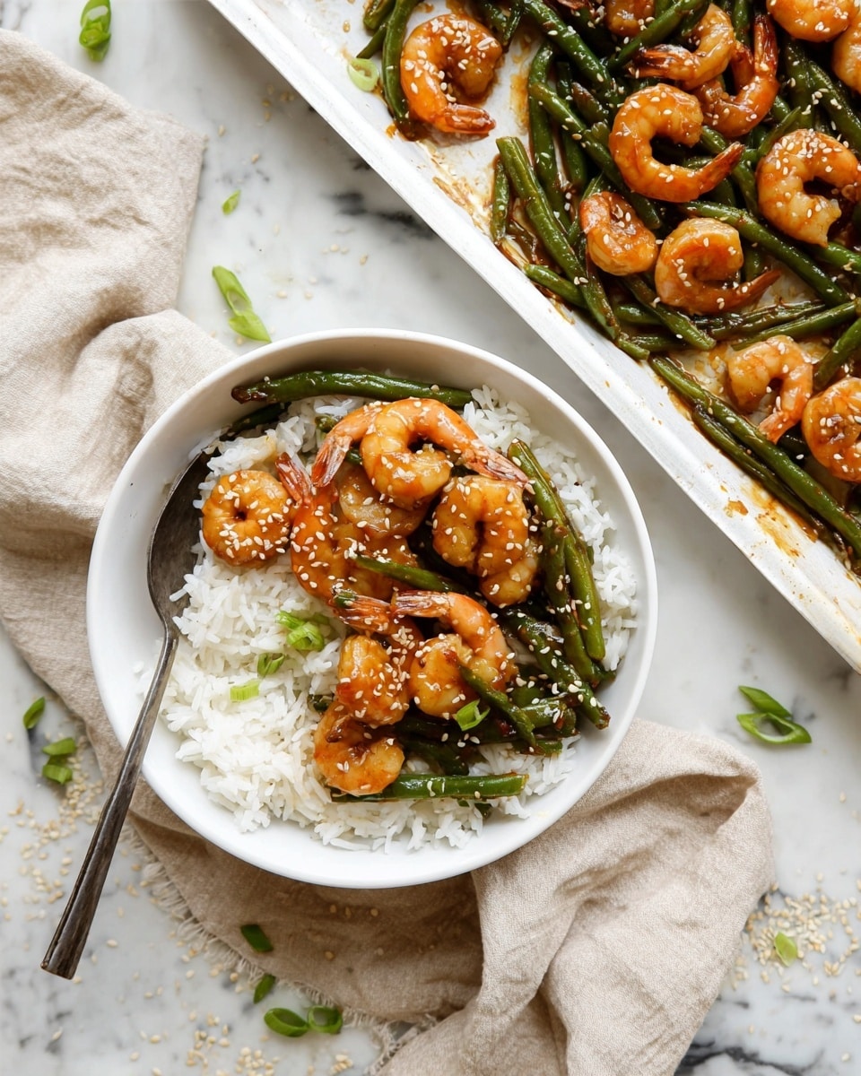 The image shows a white bowl filled with two main layers: the bottom layer is a fluffy white rice with a soft texture, and the top layer has cooked green beans and several orange-brown shrimp coated in a shiny sauce, arranged on top. The shrimp are garnished with small white sesame seeds and scattered bits of green herbs, adding color contrast. Next to the bowl is a metal fork resting inside. Behind the bowl, there is a baking tray lined with parchment paper holding more green beans and shrimp, appearing slightly glossy from the sauce. The setting is on a white marbled surface with a light grey cloth beside the tray. In the top right corner, a small white dish holds white sesame seeds. The overall scene looks fresh and inviting. photo taken with an iphone --ar 4:5 --v 7