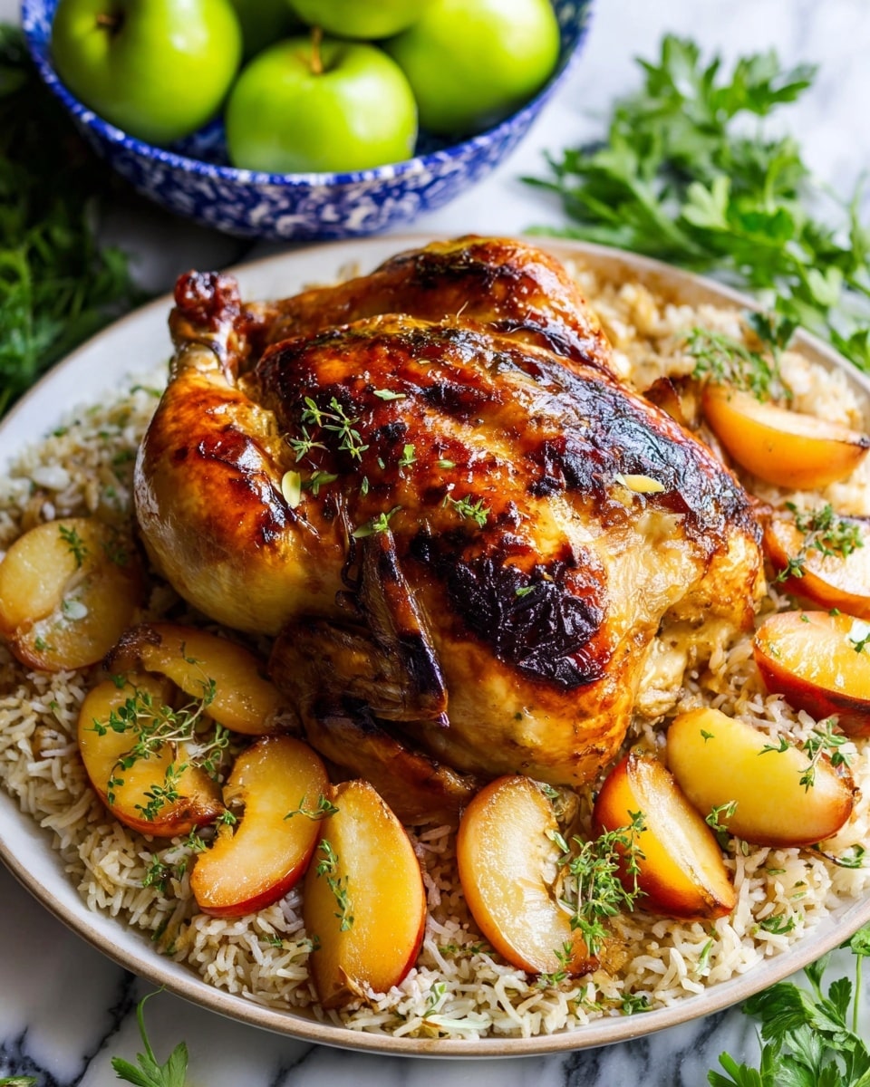 A roasted whole chicken with crispy golden skin showing dark browned spots, placed at the center of a white plate. Inside the chicken cavity is a bulb of garlic and some herbs. The chicken sits on a bed of cooked rice mixed with herbs, covering the plate's bottom layer. Surrounding the chicken are slices of cooked apples, light yellow with red edges, and small green herb leaves scattered over them. In the background, a blue patterned bowl holds bright green apples, and a white marbled surface serves as the base. photo taken with an iphone --ar 4:5 --v 7