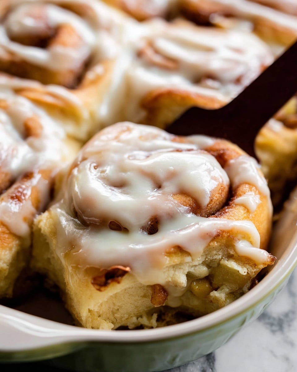 A close-up view of soft cinnamon rolls showing one being lifted by a wooden spatula, each roll has a golden brown dough base layered with swirls of dark cinnamon sugar filling. On top, there is a thick, creamy white icing that melts and drips over the edges, giving it a smooth and glossy texture. The rolls are neatly placed in a glass baking dish, and the background features a white marbled texture. photo taken with an iphone --ar 4:5 --v 7