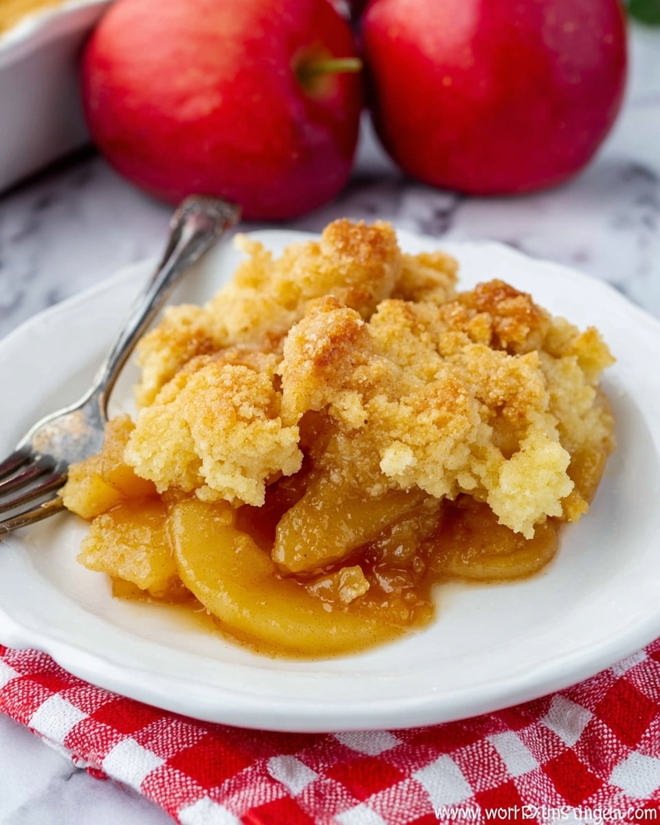 A white plate holds a serving of warm apple cobbler with two main layers: the bottom layer is soft, shiny apple slices in a syrupy, pale yellow sauce, and the top layer is a golden brown, crumbly biscuit crust with uneven, textured pieces scattered over the apples. The plate rests on a red and white checkered cloth with two red apples and a white cloth in the blurred background. A silver fork lies diagonally on the left side of the plate. The surface beneath everything is white marble. photo taken with an iphone --ar 4:5 --v 7