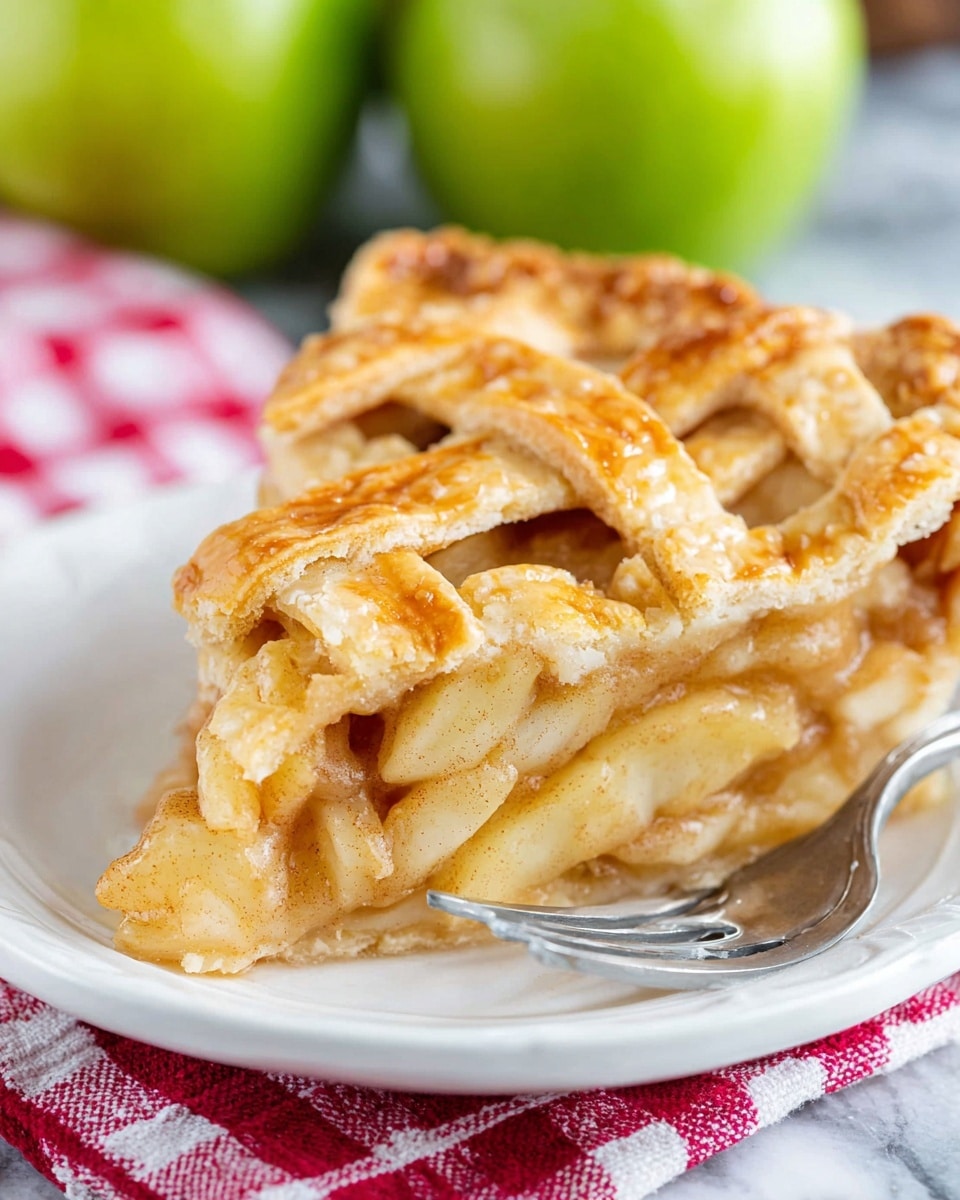 A slice of apple pie on a white plate sits on a red and white checkered cloth over a white marbled surface. The pie has two layers of light golden brown crust on top; the crust is flaky and has a woven lattice pattern with slightly crispy edges. Underneath the crust, the filling shows several layers of soft, cooked apple slices mixed with a light brown cinnamon-spiced sauce. At the bottom of the slice, the pie crust is thicker and lightly browned. A silver fork rests on the white plate near the pie. In the background, three green apples are slightly out of focus. Photo taken with an iphone --ar 4:5 --v 7