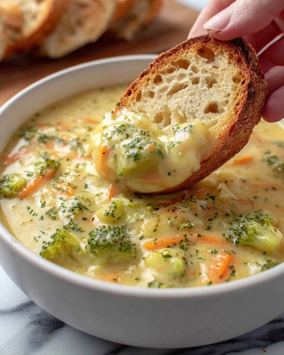 A white bowl filled with thick, creamy soup showing several small, soft gnocchi pieces in a pale yellow sauce mixed with green broccoli bits and small orange carrot shreds, creating a textured and colorful surface; in the foreground, a woman's hand holds a toasted slice of bread with a golden-brown crust and air pockets, topped with a scoop of the creamy soup with visible vegetables, and a blurred background with another toasted bread slice on a wooden board resting on a white marbled surface, photo taken with an iphone --ar 4:5 --v 7