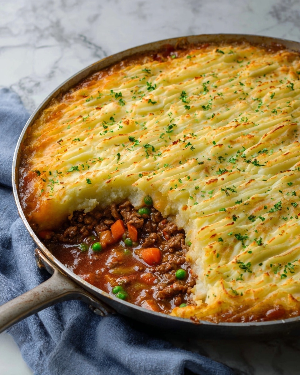 The image shows a round metal pan on a stove with a baked dish inside. The dish has two main layers: the bottom layer is a brown, saucy mix that looks thick and slightly bubbling around the edges, and the top layer is a smooth, pale yellow mashed layer with small ridges pressed across the surface, slightly golden brown in spots. The pan handle is on the left side, and the background is a white marbled surface next to the stove. photo taken with an iphone --ar 4:5 --v 7