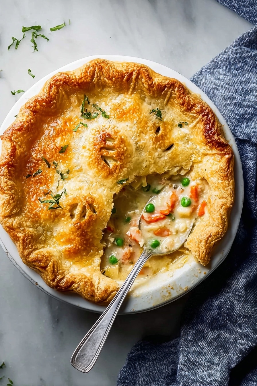A round pie with a golden, flaky crust that is crimped and slightly raised at the edges sits on a white plate. The top crust has small steam vents in the shape of leaves, and fresh green herbs are scattered on one side. A spoon rests on the pie, scooping out a portion to reveal a creamy filling inside with visible pieces of orange carrot and green peas mixed in. The plate is on a white marbled surface with a grey cloth nearby. Photo taken with an iphone --ar 2:3 --v 7 - Homemade Chicken Pot Pie, Chicken Pot Pie from scratch, best chicken pot pie recipe, flaky chicken pot pie, comforting chicken pot pie