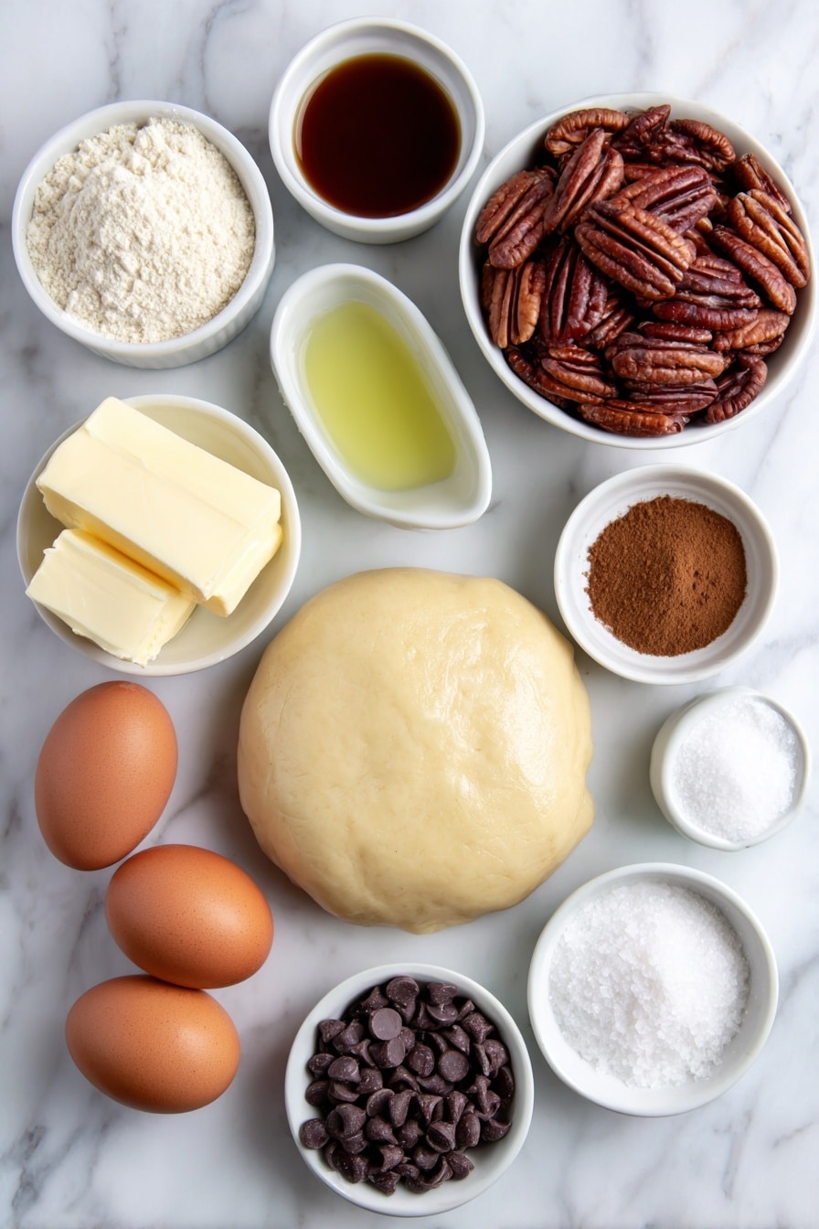 Flat lay of a rolled out circle of pale beige homemade pie crust dough, a small pile of glossy dark brown shelled pecans, a small white ceramic bowl of glossy dark chocolate chips, three large whole eggs with clean brown shells, a small white bowl filled with dark amber corn syrup, a small white bowl of tightly packed dark brown sugar, a small white bowl holding melted golden butter, a small white bowl of light golden vanilla extract, a small white bowl containing fine sea salt, a small white bowl with warm brown ground cinnamon, and a small white bowl with coarse flaky sea salt all arranged in perfect symmetry, placed on a clean white marble surface, soft natural light, photo taken with an iPhone, professional food photography style, fresh ingredients, white ceramic bowls, no bottles, no duplicates, no utensils, no packaging --ar 2:3 --v 7 --p awthu7i m7354615311229779997 - Dark Chocolate Pecan Pie, chocolate pecan pie, decadent pecan dessert, homemade pecan pie with dark chocolate, festive chocolate pecan pie