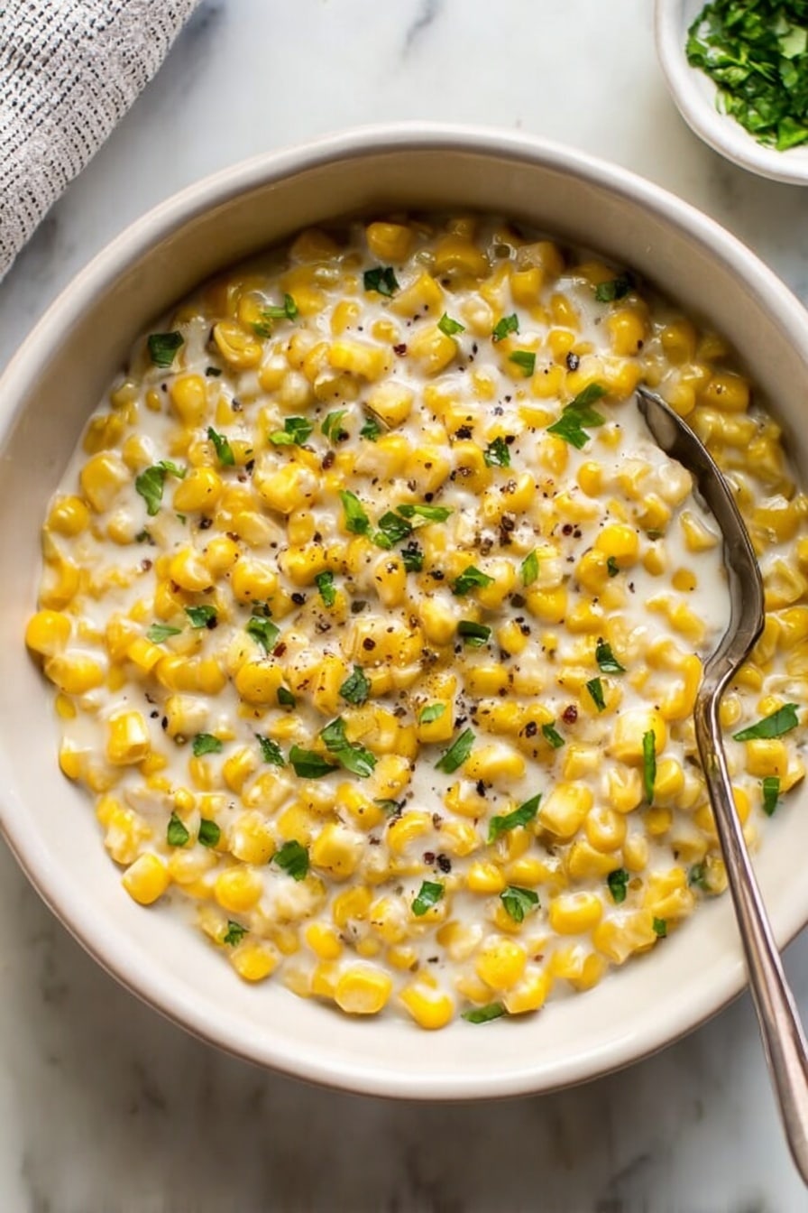 The image shows a black cast iron skillet filled with creamy corn. The corn kernels are bright yellow, mixed evenly in a thick white sauce. On the left side, a pile of grated pale cheese sits in the center of the creamy corn, ready to be mixed in. On the right side, the same skillet is filled with the creamy corn, now topped with small pieces of fresh green parsley and black pepper sprinkled across the dish. The skillet is placed on a white marbled surface, with a small bowl of herbs partially visible in the background. photo taken with an iphone --ar 2:3 --v 7 - Creamed Corn with Parmesan, Creamed Corn with Parmesan, cheesy creamed corn, creamy corn side dish, Parmesan corn recipe