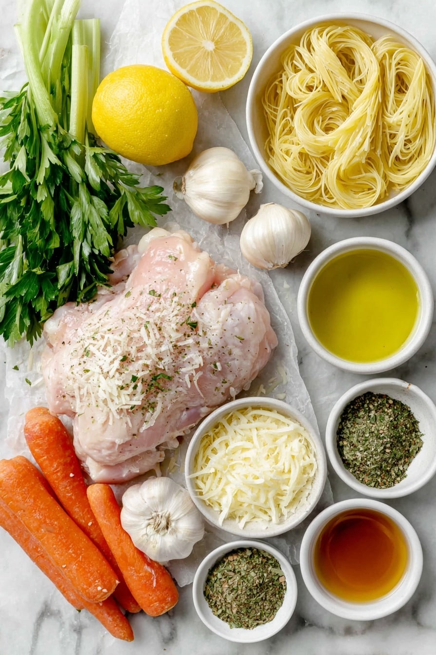 Flat lay of a whole raw boneless skinless chicken breast, a small bright yellow lemon cut in half showing juicy flesh, three fresh garlic cloves with papery white skins, a small yellow onion unpeeled, two crisp celery sticks with leaves, a handful of fresh orange carrot chunks, a small bunch of fresh green parsley sprigs, a small white ceramic bowl of golden olive oil, a small white ceramic bowl of white dry angel hair pasta nest, a small white ceramic bowl of light brown chicken bouillon cube, a small white ceramic bowl of shredded pale yellow Parmesan cheese, a small white ceramic bowl of light golden melted butter, a small white ceramic bowl of clear pale yellow lemon juice, a small white ceramic bowl of pale beige dried mixed herbs (parsley, basil, oregano, mustard powder), a small white ceramic bowl of deep amber dry white wine, and a small white ceramic bowl of rich amber chicken broth, all arranged in balanced perfect symmetry on a clean white marble surface, soft natural light, photo taken with an iPhone, professional food photography style, fresh ingredients, white ceramic bowls, no bottles, no duplicates, no utensils, no packaging --ar 2:3 --v 7 --p awthu7i m7354615311229779997 - Lemon Chicken Soup with Pasta, lemon chicken soup, creamy lemon chicken noodle soup, easy chicken soup with lemon, comforting lemon chicken broth