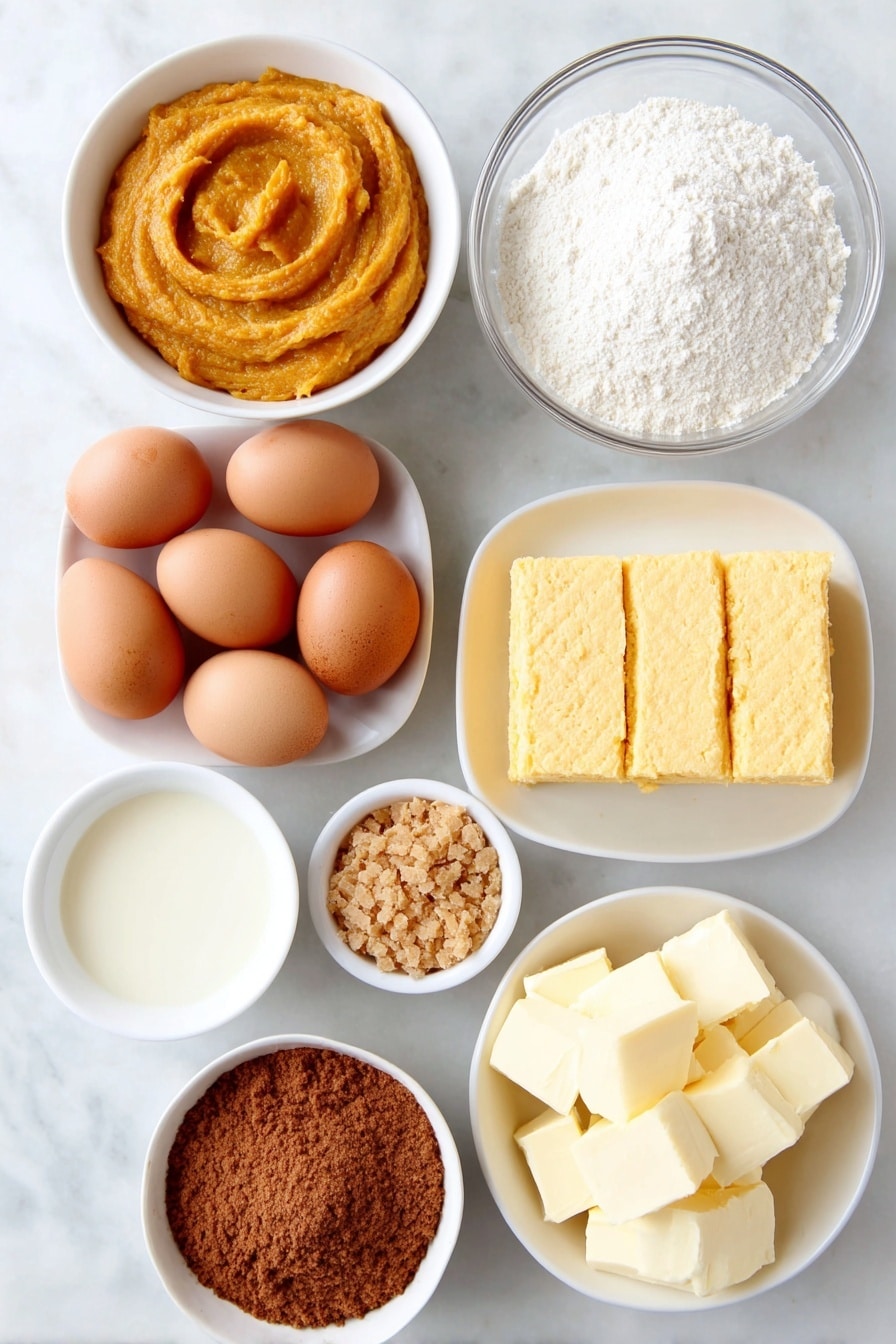Flat lay of a small white ceramic bowl filled with smooth, bright orange pumpkin puree, a small white ceramic bowl of creamy pale evaporated milk, a small white ceramic bowl with light brown sugar crystals, three whole uncracked brown eggs, a small white ceramic bowl containing a warm-toned pumpkin pie spice blend, a simple white ceramic plate holding a yellow rectangular block of dry yellow cake mix, a small white ceramic bowl with melted golden butter, a small white ceramic bowl of coarsely crushed graham crackers, a small white ceramic bowl filled with golden toffee bits, all arranged with perfect symmetry and realistic proportions, placed on a clean white marble surface, soft natural light, photo taken with an iPhone, professional food photography style, fresh ingredients, white ceramic bowls, no bottles, no duplicates, no utensils, no packaging --ar 2:3 --v 7 --p awthu7i m7354615311229779997 - Pumpkin Dump Cake, pumpkin dessert, easy fall dessert, pumpkin spice cake, Thanksgiving pumpkin cake