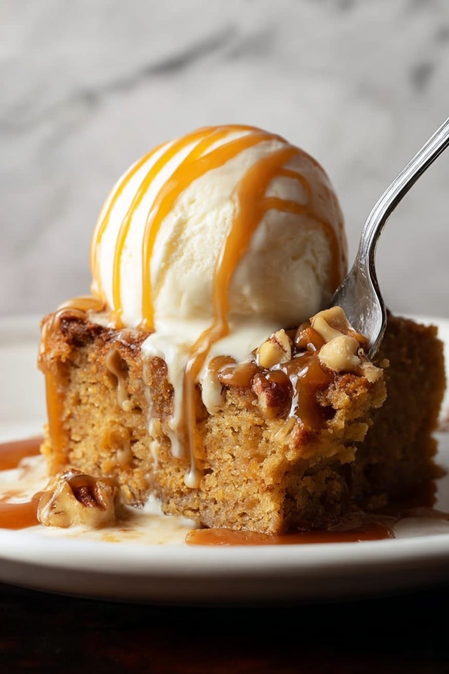 A white plate holds a dessert with two main layers. The bottom layer is a thick, golden brown cake with a slightly rough texture and some visible nuts on the surface. On top of this is a round scoop of smooth, creamy white ice cream. Drizzled over the ice cream and cake is a shiny, thick caramel sauce with a rich amber color that flows down the sides. A silver fork digging into the cake pulls up a small piece, catching some caramel as well. The background and surface are a white marbled texture. Photo taken with an iphone --ar 2:3 --v 7 - Pumpkin Dump Cake, pumpkin dessert, easy fall dessert, pumpkin spice cake, Thanksgiving pumpkin cake