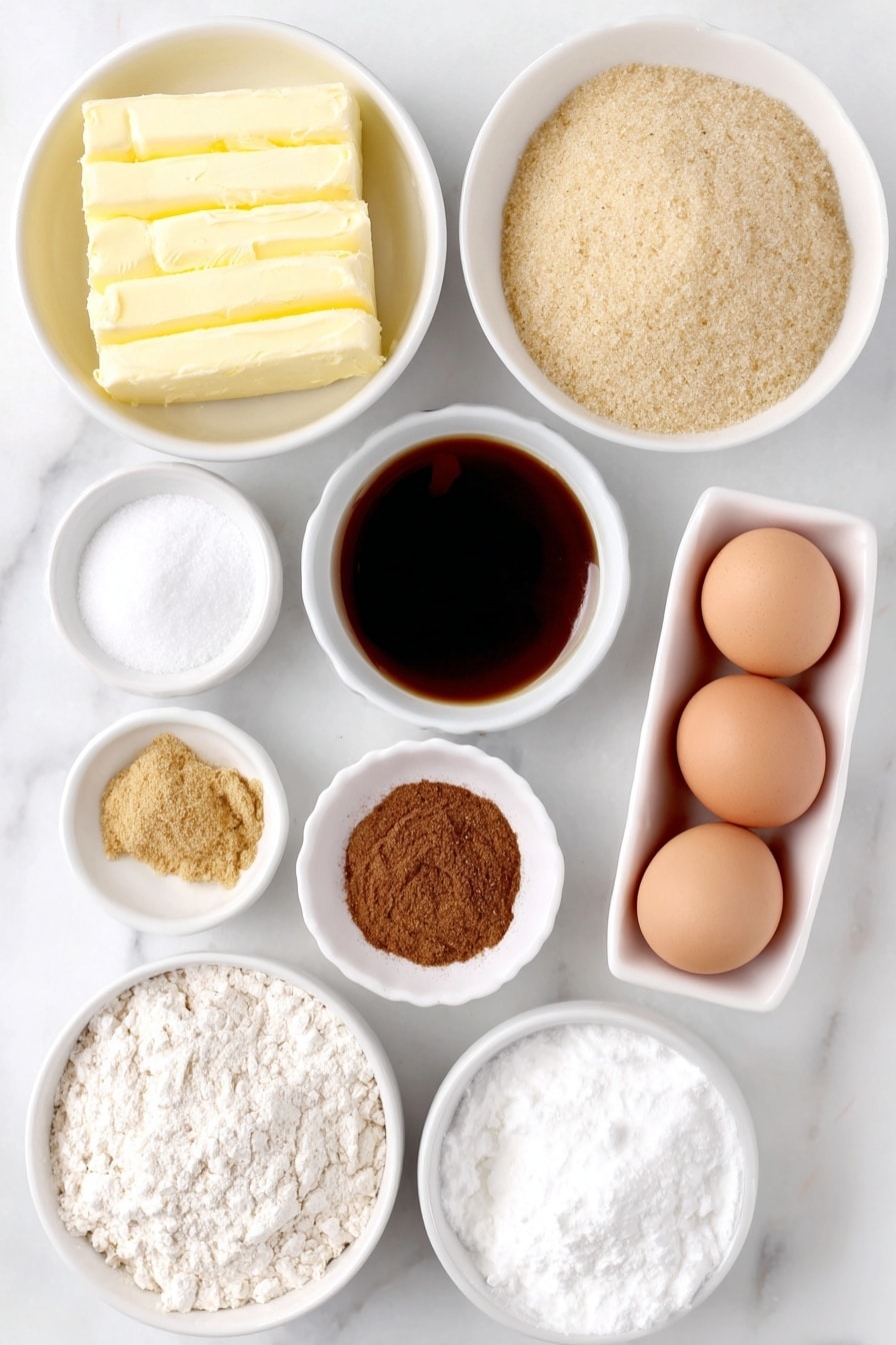 Flat lay of a small mound of pale yellow butter, a small white ceramic bowl filled with packed light brown sugar, a small white ceramic bowl holding thick dark amber molasses, a neat pile of white all-purpose flour, a small white ceramic bowl containing warm golden ground ginger, a small white ceramic bowl with reddish-brown cinnamon powder, a tiny heap of ground nutmeg, a small white ceramic bowl with pale beige baking soda, a small pinch of coarse sea salt crystals, a small white ceramic bowl heaped with fine white powdered sugar, a small white ceramic bowl with white meringue powder, a small white ceramic bowl of clear water, two brown whole uncracked eggs arranged symmetrically, all ingredients placed with balanced spacing in perfect symmetry on a clean white marble surface, soft natural light, photo taken with an iPhone, professional food photography style, fresh ingredients, white ceramic bowls, no bottles, no duplicates, no utensils, no packaging --ar 2:3 --v 7 --p awthu7i m7354615311229779997 - Soft Gingerbread Cookies, gingerbread cookies, soft cookie recipes, holiday cookies, spiced cookie recipe