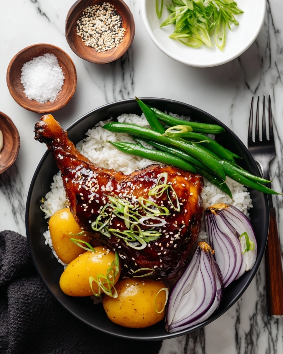 A white bowl filled with a base layer of white rice topped with a shiny, dark brown glazed chicken leg that has sesame seeds sprinkled on it and thin strips of onion garnish. To the right of the chicken, there are green beans, two small yellow potatoes, and a wedge of yellow bell pepper. At the bottom right of the bowl, there are some cooked purple onion slices. In the background, there is a small white speckled plate with thinly sliced green onions, a wooden bowl with coarse salt and a wooden spoon, and a small black bowl with white sesame seeds. A silver fork with a black napkin sits at the side on a white marbled surface photo taken with an iphone --ar 2:3 --v 7 - Honey Soy Glazed Chicken Breasts, easy chicken dinner recipes, juicy baked chicken, flavorful chicken recipes, weeknight chicken meals