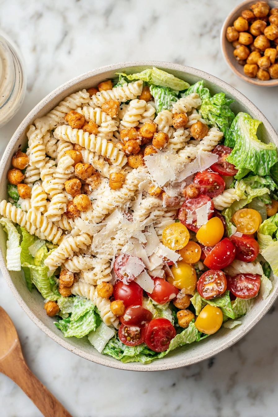 The dish shows two white bowls filled with a fresh salad placed on a white marbled surface. Each bowl has a base layer of green leafy lettuce mixed with halved red and yellow cherry tomatoes, topped with light beige spiral pasta and golden-brown roasted chickpeas scattered on top. There are also chunks of white chicken mixed in, all coated with a creamy, light dressing. Thin white cheese slices are sprinkled over the salad adding more texture. Around the bowls, there is a halved lemon, a small brown wooden bowl with cheese flakes, a beige bowl full of roasted chickpeas, a small sauce container, and a clear glass of water with a lemon slice. The overall colors are light and fresh with textures varying between soft lettuce, smooth pasta, and crisp chickpeas. photo taken with an iphone --ar 2:3 --v 7 - Chicken Caesar Pasta Salad, Chicken Caesar Salad, Pasta Salad with Chicken, Easy Chicken Caesar Recipes, Summertime Pasta Salad