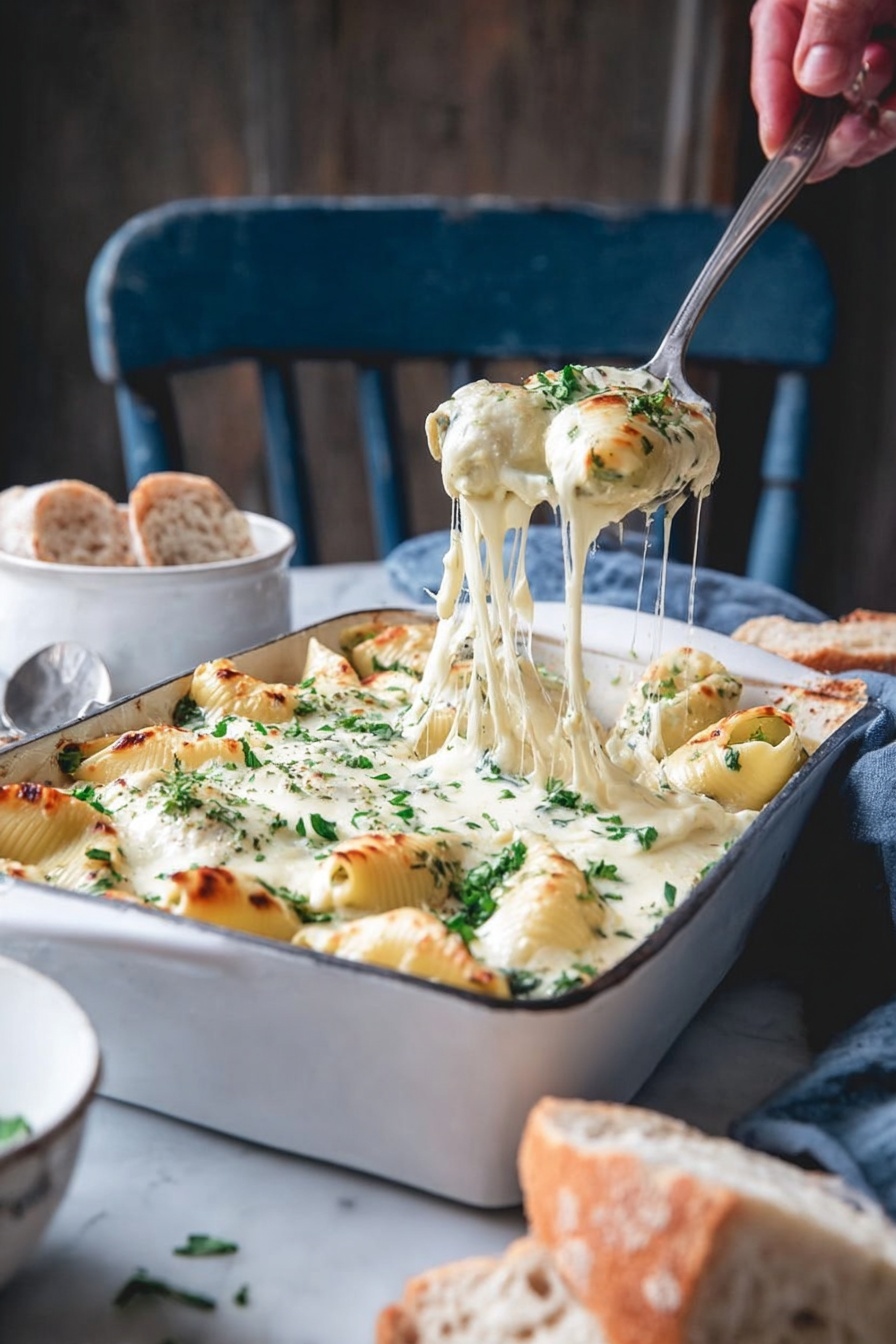 A white rectangular baking dish filled with two layers of stuffed pasta shells covered in melted white cheese and sprinkled with chopped green herbs on top; a woman's hand holds a metal spatula lifting one cheese-covered shell with stretched cheese strings above the dish; on the white marbled surface nearby, there are pieces of rustic bread and a white bowl with a spoon; the background shows a blurred dark blue wooden chair; soft natural light highlights the creamy texture of the cheese and the fresh herbs photo taken with an iphone --ar 2:3 --v 7 - Creamy Chicken Stuffed Shells with Spinach, stuffed pasta with chicken and spinach, cheesy stuffed shells recipe, easy chicken pasta bake, creamy spinach stuffed shells