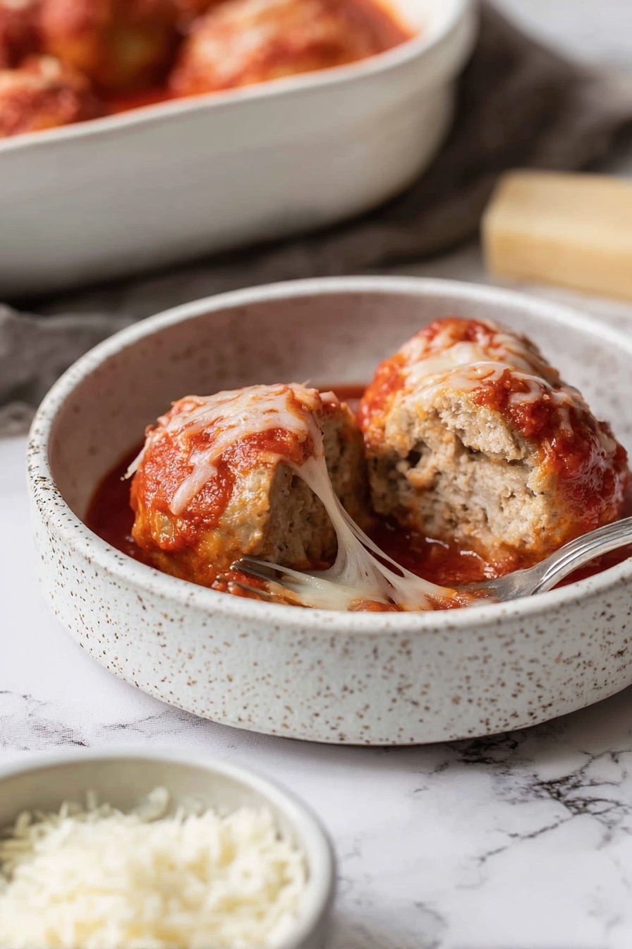 A white bowl filled with a base layer of plain pale yellow spaghetti, with a thick layer of chunky red tomato sauce spread unevenly over the pasta. On top, three large meatballs covered in the same tomato sauce and melted light brown cheese with some white shredded cheese sparingly sprinkled over the meatballs. The bowl is set on a white marbled surface with a small bowl of shredded white cheese visible nearby. Photo taken with an iphone --ar 2:3 --v 7 - Baked Chicken Parmesan Meatballs, chicken parmesan meatballs, Italian meatballs, baked chicken meatballs, cheesy marinara meatballs