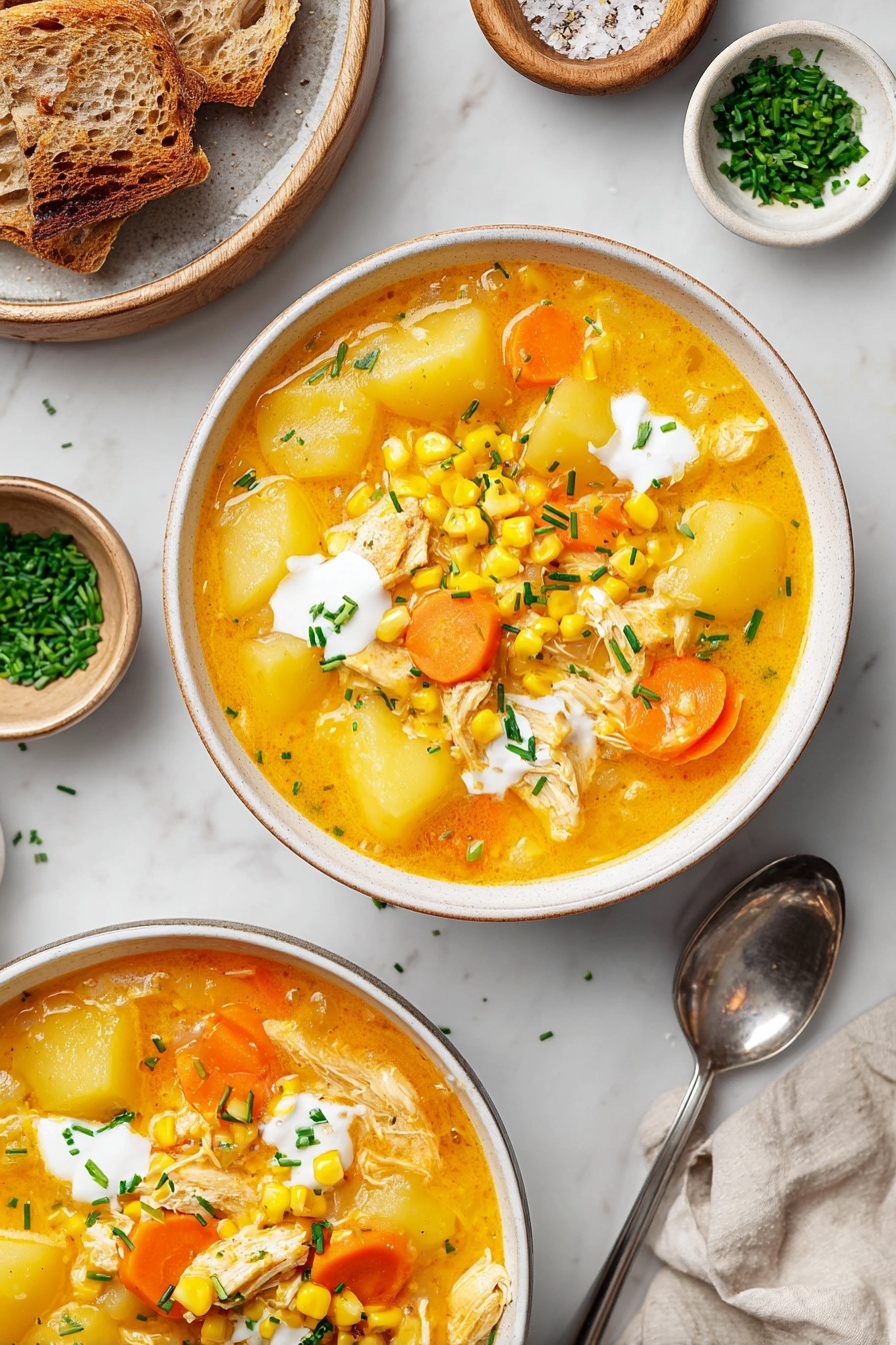 The image shows two bowls of thick, creamy orange soup filled with large chunks of yellow potatoes, bright orange carrot slices, and small pieces of shredded white chicken. The soup is topped with sweet yellow corn kernels and chopped green chives, with small dollops of white cream adding contrast on the surface. The bowls are placed on a white marbled surface, next to a spoon and a bowl of toasted brown bread slices. There is also a small dish of extra chopped chives and another dish with pepper and salt nearby. The overall scene is bright and inviting, emphasizing the rich colors and textures of the soup ingredients. Photo taken with an iphone --ar 2:3 --v 7 - Creamy Chicken Corn Chowder, chicken corn soup, hearty creamy chowder, comfort soup recipes, easy chowder recipes