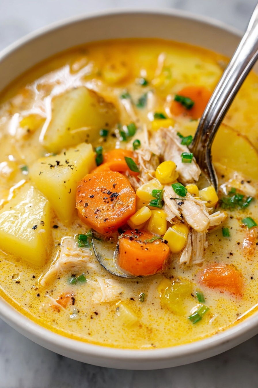 A close-up image of a white bowl filled with creamy soup that has three main layers: a thick yellow-orange broth as the base, with soft chunks of yellow potatoes and bright orange carrot slices floating on top. There are also pieces of shredded light-colored meat and sweet corn kernels spread throughout. The soup has small green chive pieces sprinkled over it and black pepper flakes adding texture. A silver spoon holds a scoop of the soup with potatoes, corn, and chive, partially submerged in the broth. The bowl rests on a white marbled surface. photo taken with an iphone --ar 2:3 --v 7 - Creamy Chicken Corn Chowder, chicken corn soup, hearty creamy chowder, comfort soup recipes, easy chowder recipes
