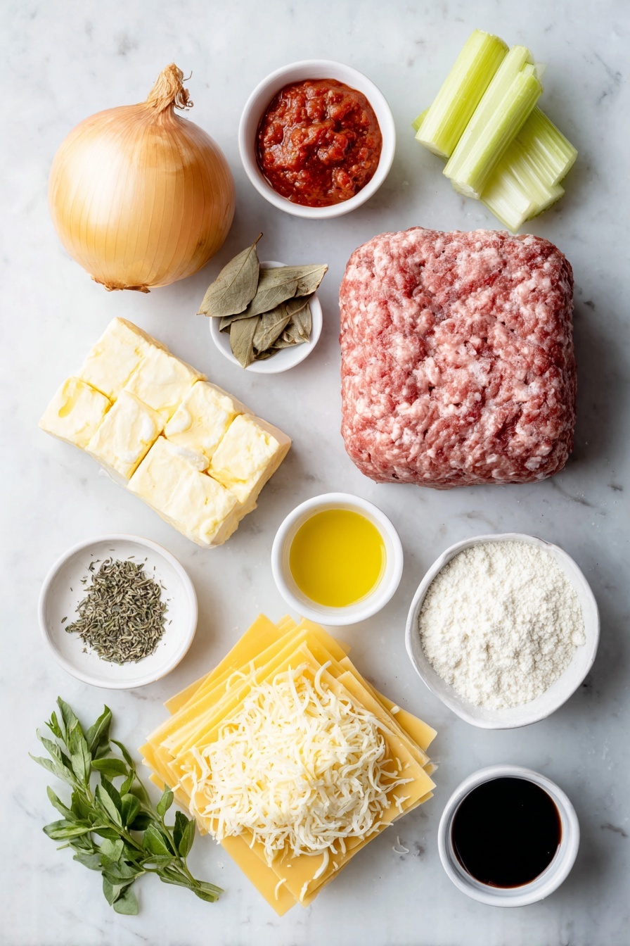 Flat lay of a whole yellow onion with papery skin, a peeled and finely diced medium orange carrot, a fresh celery stalk with a few leaves, two unpeeled garlic cloves, a mound of raw ground beef, a small white ceramic bowl of crushed bright red tomatoes, a small white ceramic bowl with thick deep red tomato paste, a small white ceramic bowl of dark burgundy red wine, three crumbled beef bouillon cubes, two fresh green bay leaves, small piles of dried thyme and oregano herbs, a small white ceramic bowl of glossy golden olive oil, a small white ceramic bowl of smooth pale yellow butter, a small white ceramic bowl of white all-purpose flour, a small white ceramic bowl of creamy full-fat milk, a pile of shredded pale yellow Gruyère cheese, a pinch of freshly ground nutmeg, freshly ground black peppercorns, a stack of fresh pale yellow lasagna sheets, a mound of shredded white mozzarella cheese, and a small bunch of finely chopped vibrant green basil leaves placed on a clean white marble surface, soft natural light, photo taken with an iPhone, professional food photography style, fresh ingredients, white ceramic bowls, no bottles, no duplicates, no utensils, no packaging --ar 2:3 --v 7 --p m7354615311229779997 - Italian Beef Lasagna, classic lasagna with beef ragu, homemade Italian lasagna, authentic beef lasagna recipe, traditional Italian lasagna