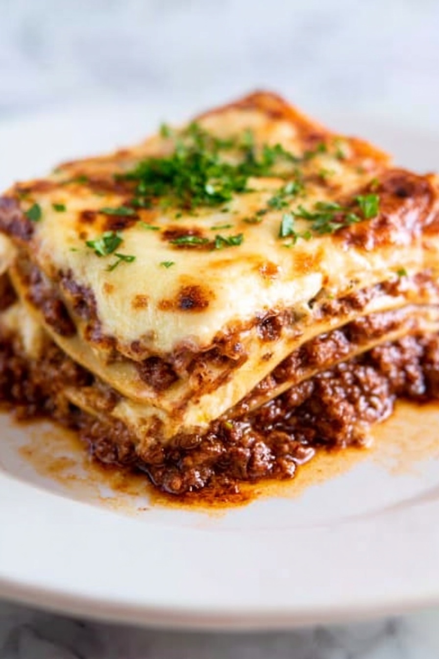 A square piece of lasagna sits on a white plate showing several visible layers: at the bottom is a thick, rich, dark brown meat sauce with a chunky texture, above it a smooth layer of pale yellow pasta sheets, followed by a thick, creamy layer of melted cheese with golden brown spots on top. Small bits of green herbs are scattered across the surface, adding a touch of color. The edges of the lasagna are slightly browned and bubbly. The plate rests on a white marbled surface. Photo taken with an iphone --ar 2:3 --v 7 - Italian Beef Lasagna, classic lasagna with beef ragu, homemade Italian lasagna, authentic beef lasagna recipe, traditional Italian lasagna