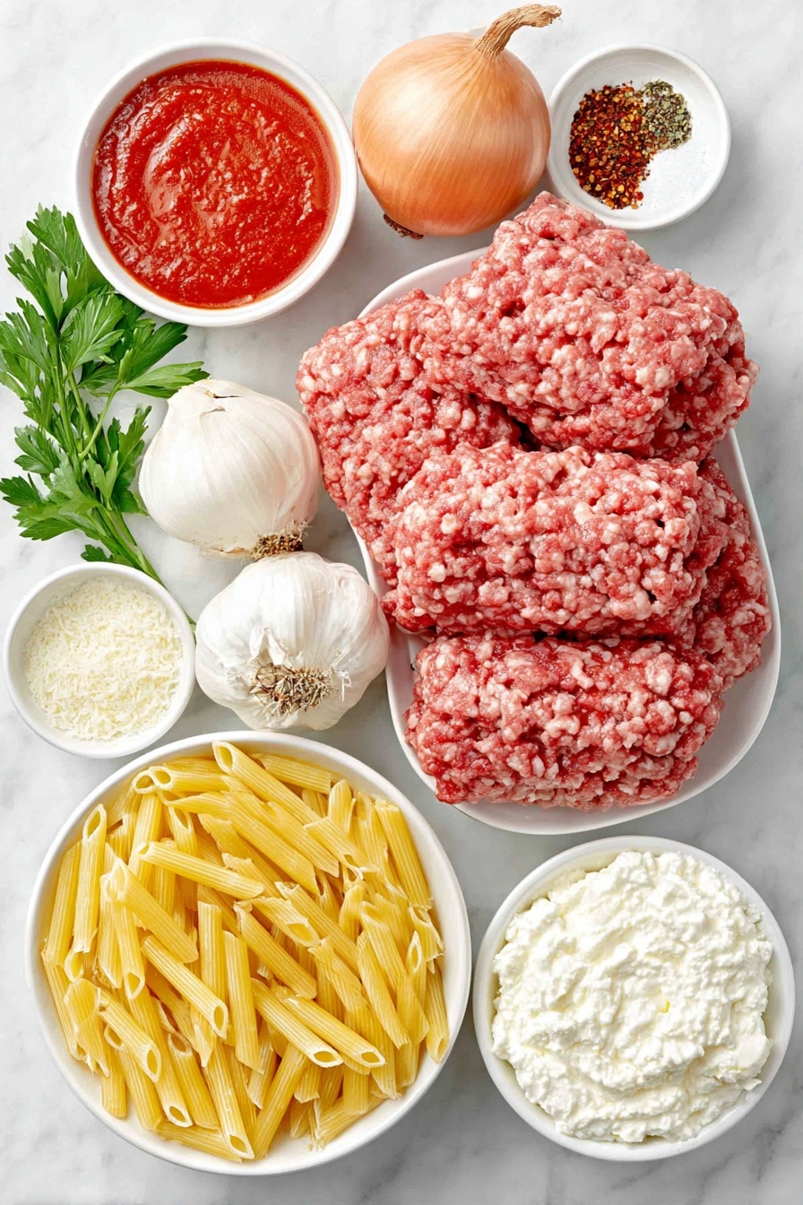 Flat lay of a small white ceramic bowl filled with golden olive oil, a whole large onion with a papery light brown skin and a portion peeled to show white layers, three plump garlic cloves with papery skins, a mound of raw Italian sausage seasoned and coarsely ground, a pile of raw ground beef with a fresh red color, a simple white ceramic bowl holding whole peeled bright red tomatoes in juice, a small white ceramic bowl with smooth red tomato sauce, an assortment of dried Italian seasoning herbs loosely scattered, a small heap of vibrant red pepper flakes, a few crystals of coarse kosher salt, freshly ground black peppercorns near the salt, a neat pile of uncooked tubular ziti pasta with smooth yellow surface, a generous dollop of creamy white whole milk ricotta cheese placed in a white ceramic bowl, a mound of grated fresh white mozzarella cheese, a small white ceramic bowl of finely grated pale yellow parmesan cheese, a clean whole brown egg, and a few sprigs of fresh bright green parsley arranged symmetrically – all placed on a clean white marble surface, soft natural light, photo taken with an iPhone, professional food photography style, fresh ingredients, white ceramic bowls, no bottles, no duplicates, no utensils, no packaging --ar 2:3 --v 7 --p m7354615311229779997 - Easy Baked Ziti with Meat and Cheese, baked ziti casserole, cheesy baked pasta, Italian baked pasta recipes, hearty pasta bake