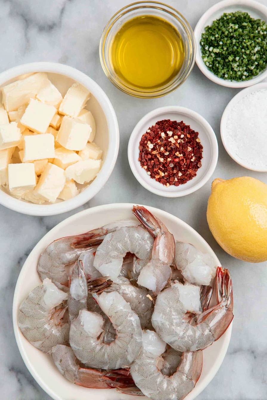 Flat lay of large raw shrimp with shells off and split, a small heap of coarse kosher salt crystals, a few coarse baking soda grains, a small white bowl of golden extra-virgin olive oil, a simple white bowl filled with peeled whole garlic cloves, a tiny pile of vibrant red pepper flakes, a small white bowl holding clear pale dry vermouth, several small cubes of unsalted butter on a white plate, a fresh whole lemon with a wedge cut showing bright yellow zest, and a small white bowl containing finely chopped bright green parsley, tarragon, and chives, all arranged in perfect symmetry on a clean white marble surface, soft natural light, photo taken with an iPhone, professional food photography style, fresh ingredients, white ceramic bowls, no bottles, no duplicates, no utensils, no packaging --ar 2:3 --v 7 --p m7354615311229779997 - Garlic Shrimp Scampi with Herb Sauce, Shrimp Scampi, Garlic Shrimp Recipes, Seafood Dinner Ideas, Easy Shrimp Recipes