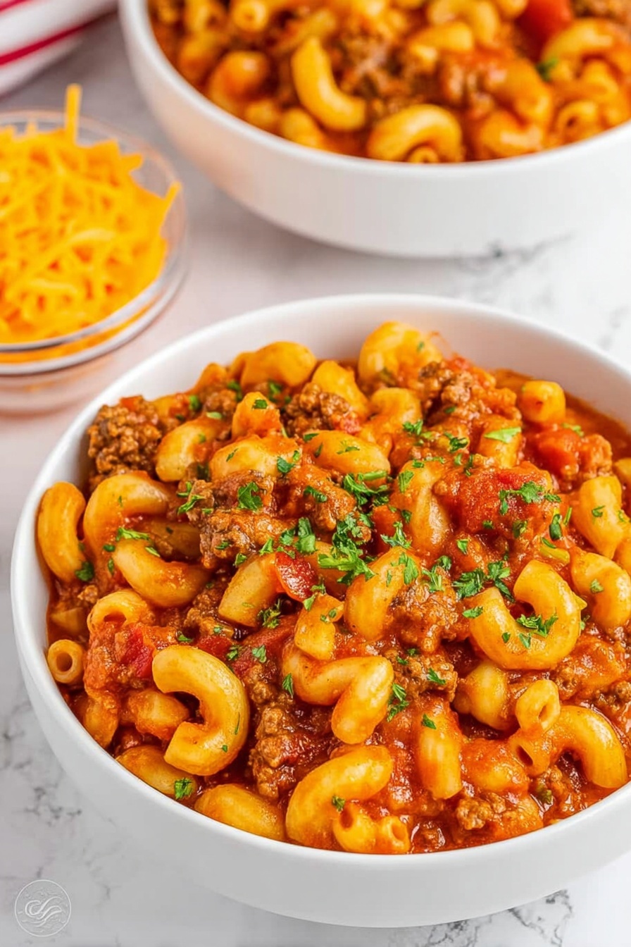 This image shows a close-up of a white bowl filled with macaroni pasta mixed with ground meat, small pieces of green bell pepper, and tomato chunks, all coated in a thick reddish-orange sauce. The pasta is densely packed, with the sauce giving it a shiny, slightly moist look. A wooden spoon is partially visible on the right side, scooping into the dish, with a woman's hand holding it. The background surface is a white marbled texture. Photo taken with an iphone --ar 2:3 --v 7 - American Chop Suey, Easy American Chop Suey, one-pot American Chop Suey, hearty American Chop Suey dinner, simple American Chop Suey recipe