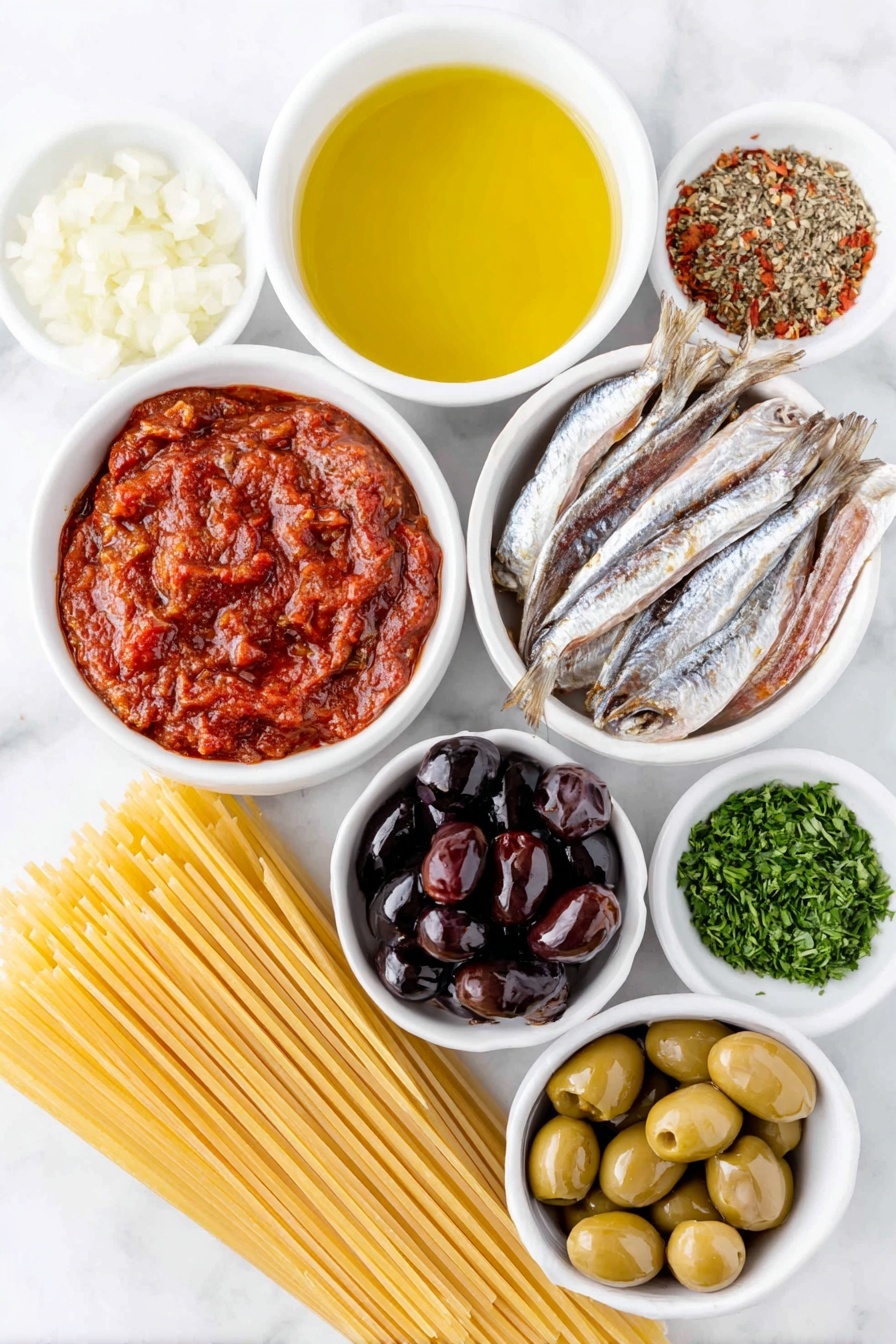 Flat lay of a small white ceramic bowl with extra virgin olive oil, finely chopped onion in a white ceramic bowl, three uncracked brown garlic cloves, a few whole anchovies on a white plate, a small white bowl with thick tomato paste, a small white bowl of red pepper flakes, a simple white bowl holding crushed ripe tomatoes, a small white bowl of dried oregano, a small white bowl with small capers, a white ceramic bowl containing roughly chopped black and green olives, a neatly coiled nest of dry spaghetti pasta, and a small white bowl of chopped fresh parsley, all placed on a clean white marble surface, soft natural light, photo taken with an iPhone, professional food photography style, fresh ingredients, white ceramic bowls, no bottles, no duplicates, no utensils, no packaging --ar 2:3 --v 7 --p m7354615311229779997 - Easy Pasta Puttanesca, Pasta Puttanesca recipe, Italian pasta dinner, quick Italian pasta, briny pasta sauce