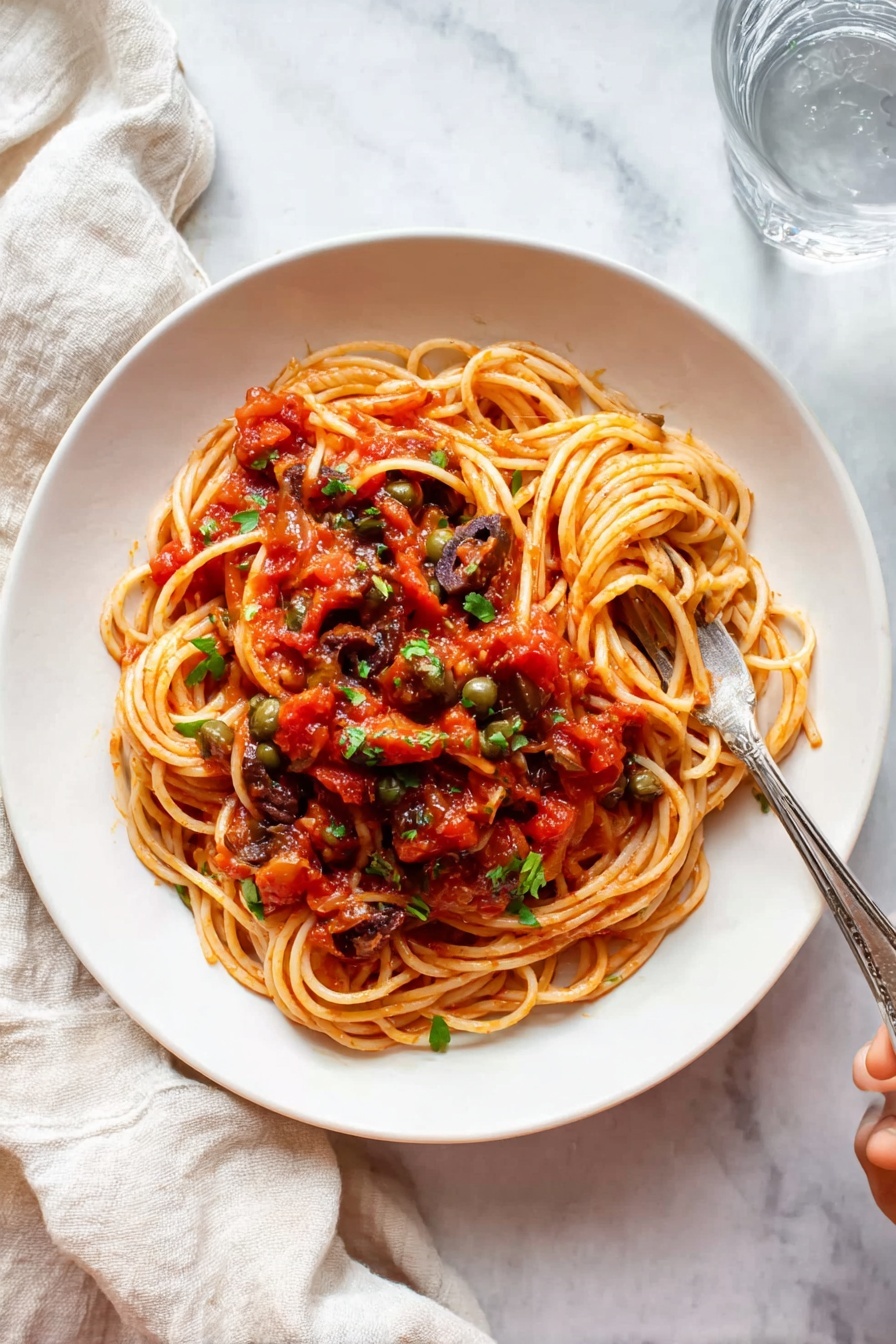 A white scalloped-edge plate on a white marbled surface holds a serving of spaghetti neatly twirled in a circular nest. On top is a chunky red tomato sauce mixed with pieces of dark olives and green herbs scattered throughout. The sauce layer is thick and textured, covering the center of the pasta. Bright green parsley leaves are spread on the tomato sauce as the final garnish. A cream-colored cloth is softly draped to the left side of the plate and a glass of clear water sits to the upper right corner. Photo taken with an iphone --ar 2:3 --v 7 - Easy Pasta Puttanesca, Pasta Puttanesca recipe, Italian pasta dinner, quick Italian pasta, briny pasta sauce