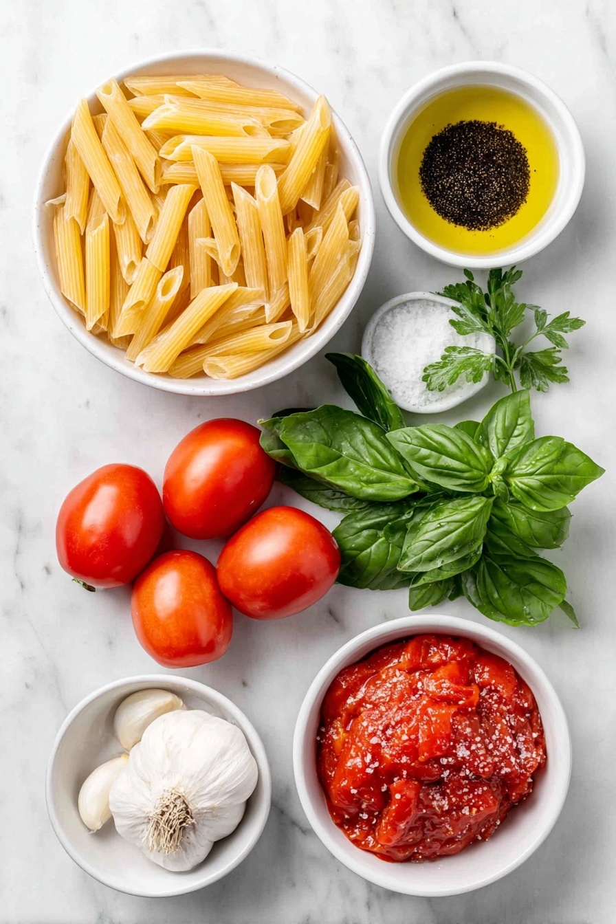 Flat lay of fresh uncooked penne pasta arranged neatly, a small white ceramic bowl of extra virgin olive oil glistening, four whole fresh garlic cloves with smooth white skins, a bright red fresh cayenne pepper, a small white bowl filled with glossy ripe peeled tomatoes, a few vibrant green fresh basil leaves, a small white bowl of coarse kosher salt crystals, and a few sprigs of fresh Italian parsley, all symmetrically spaced on a clean white marble surface, soft natural light, photo taken with an iPhone, professional food photography style, fresh ingredients, white ceramic bowls, no bottles, no duplicates, no utensils, no packaging --ar 2:3 --v 7 --p m7354615311229779997 - Spicy Penne Arrabbiata, Penne Arrabbiata, spicy pasta recipe, Italian pasta sauce, quick spicy dinner