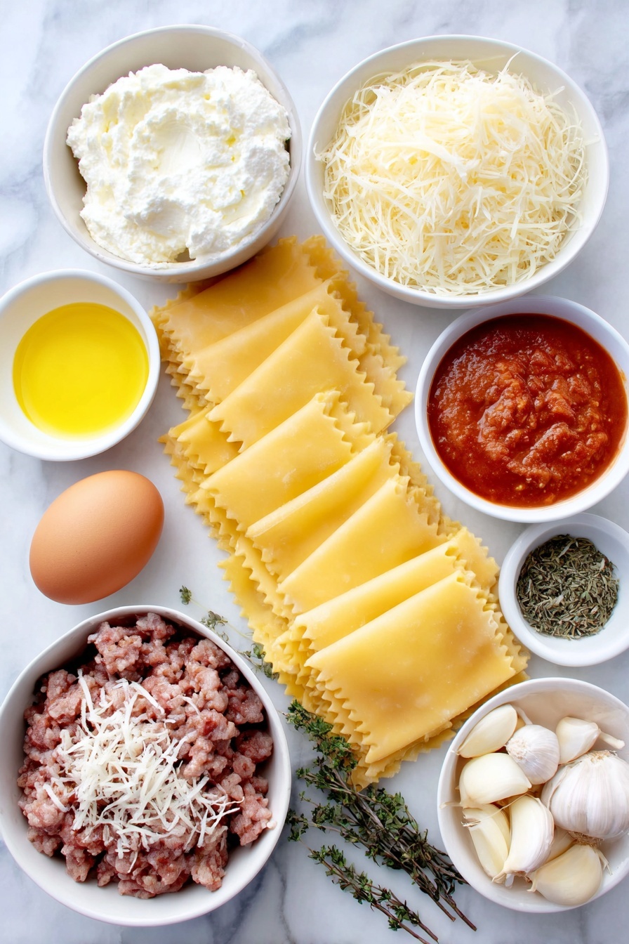 Flat lay of a dozen uncooked flat lasagna noodles arranged symmetrically, a small white ceramic bowl filled with fresh ricotta cheese, one large whole brown egg with a clean shell, a white bowl heaped with shredded mozzarella cheese, another small white bowl holding finely grated Parmesan cheese, a few loose dried herb leaves of oregano, basil, and parsley neatly placed, a tiny white bowl filled with golden olive oil, one small yellow onion, unpeeled and whole, a portion of raw ground beef alongside raw ground Italian sausage, three whole peeled garlic cloves, a small white bowl containing clear chicken broth, a white bowl with rich red marinara sauce, and a small white bowl with bright red hot sauce, all placed on a clean white marble surface, soft natural light, photo taken with an iPhone, professional food photography style, fresh ingredients, white ceramic bowls, no bottles, no duplicates, no utensils, no packaging --ar 2:3 --v 7 --p m7354615311229779997 - Cheesy Lasagna Roll Ups with Meat Sauce, lasagna roll ups, cheesy meat sauce pasta, cheesy baked pasta recipes, easy lasagna roll ups