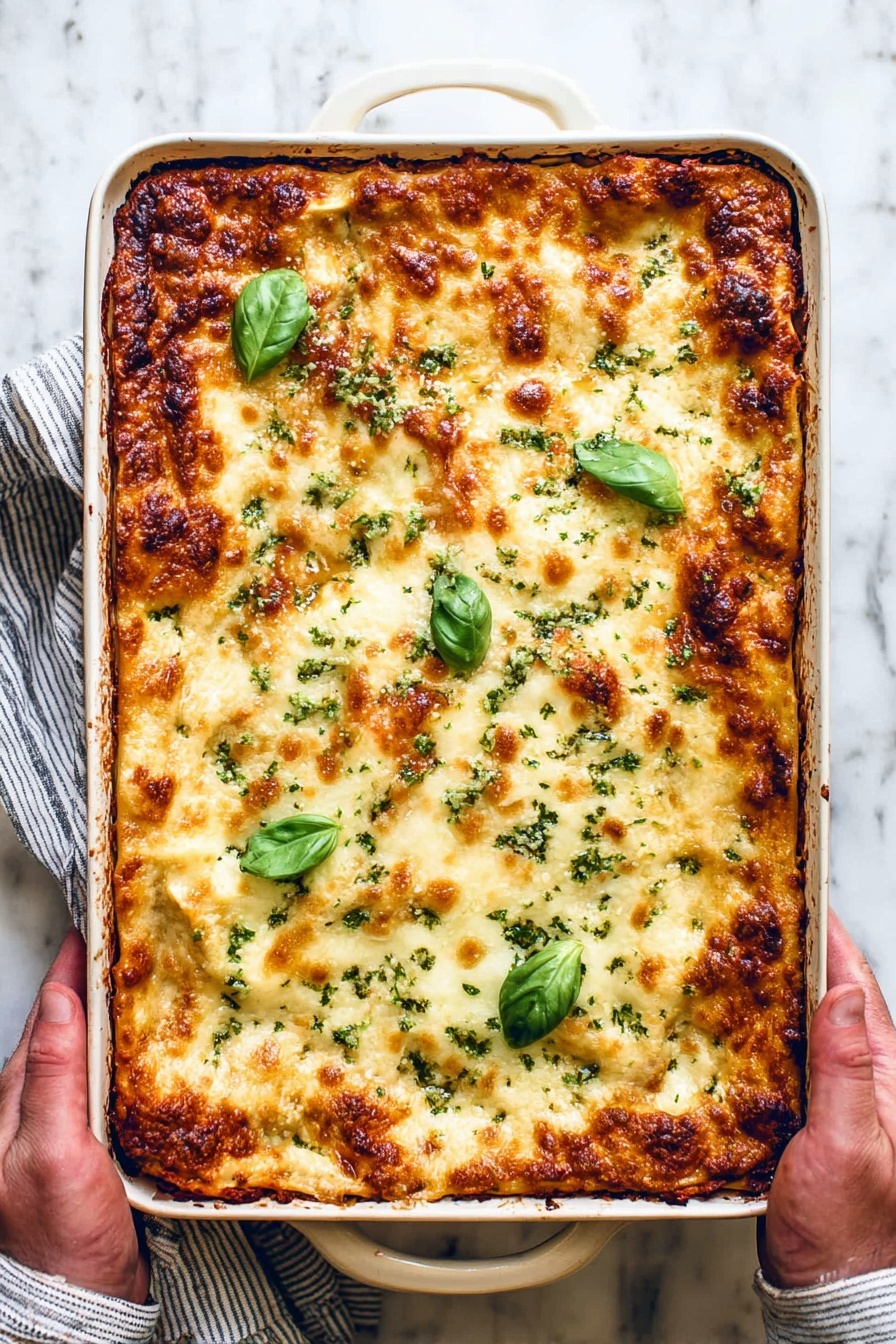 A baked lasagna in a white rectangular ceramic dish, with a thick golden brown cheese layer on top, showing slight browning spots and a few fresh green basil leaves scattered over it. The cheese has a bubbly texture, and some areas show hints of herbs mixed in. The dish is held by two woman's hands using a striped cloth on a white marbled surface. Photo taken with an iphone --ar 2:3 --v 7 - Creamy White Chicken Lasagna, white chicken lasagna, chicken lasagna with Alfredo sauce, cheesy chicken lasagna, comforting chicken pasta bake