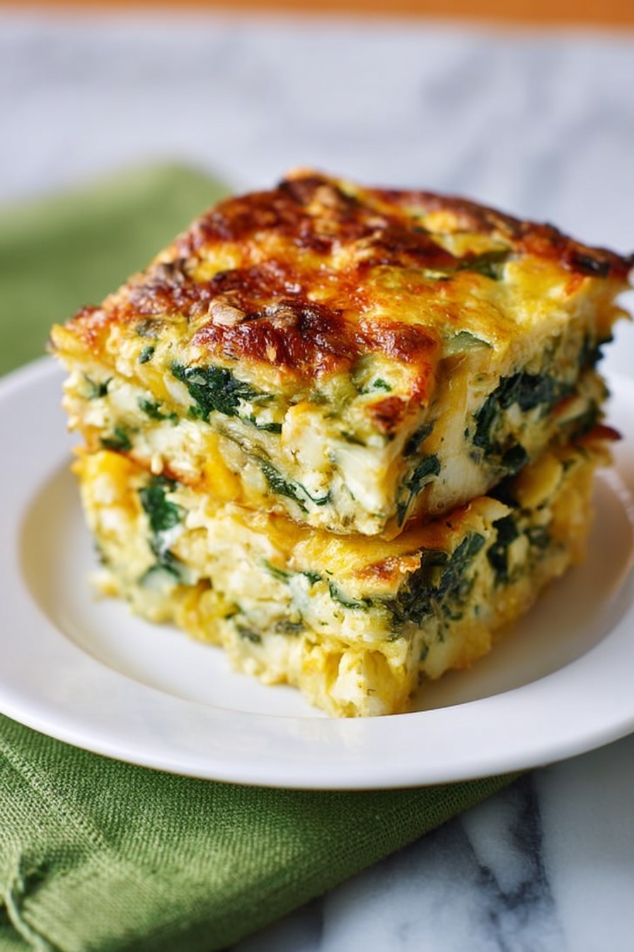 The dish shows two stacked square layers of a baked casserole, each layer thick and textured with visible chunks of spinach and creamy, yellow cheese melted throughout. The top layer has a browned, slightly crispy surface with specks of green spinach mixed in. The inside layers appear soft and moist with white and light green bits that add color contrast. The casserole sits on a simple round white plate, placed on a white marbled surface with a green cloth napkin nearby. Photo taken with an iphone --ar 2:3 --v 7 - Butternut Squash Spinach Lasagna, healthy vegetarian lasagna, cheesy vegetable lasagna, easy fall dinner, comforting baked pasta