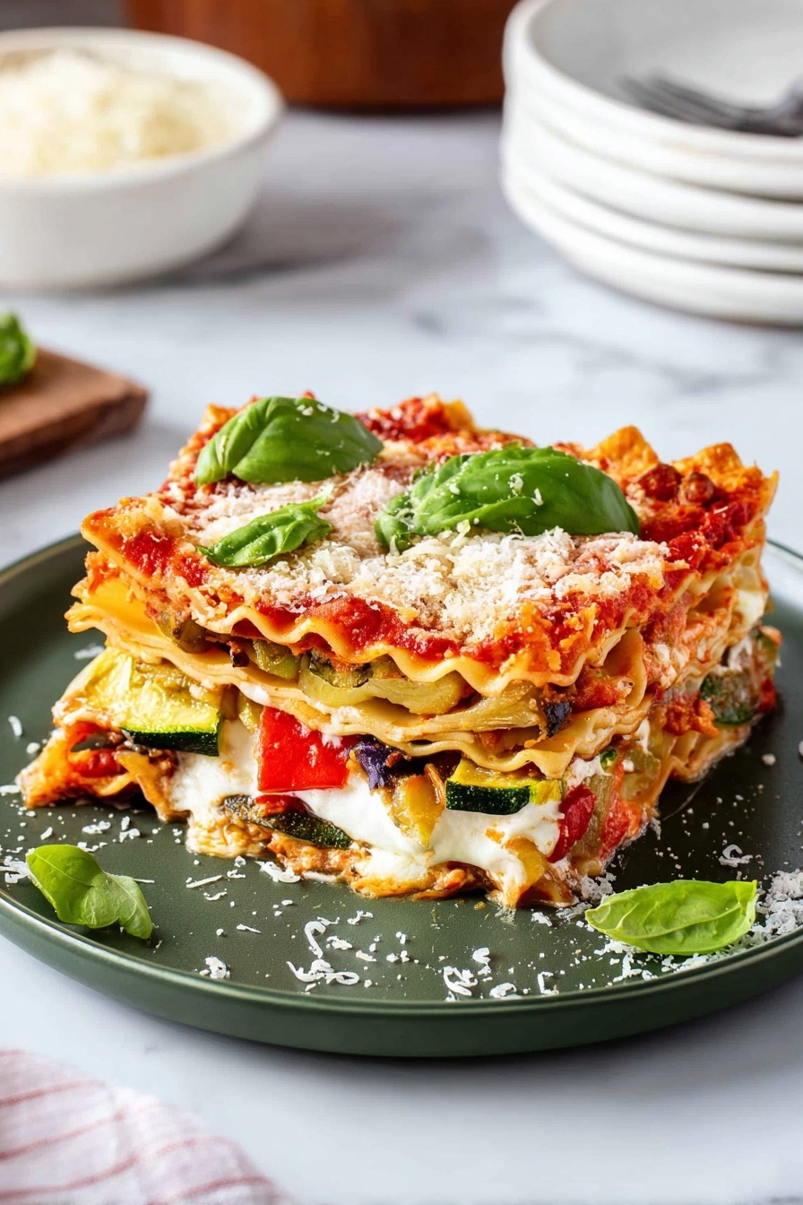 The image shows a slice of lasagna on a white plate with three visible layers. The bottom layer is a pasta sheet covered with white cheese and bits of green zucchini and red bell pepper. The middle layer is another pasta sheet topped with a mix of cooked vegetables, including green and purple pieces, and some white cheese. The top layer is a pasta sheet covered in a red tomato sauce and melted golden cheese with a slightly crispy texture. On top of the lasagna slice, there are fresh green basil leaves and some white grated cheese sprinkled around the plate. The background is a white marbled surface, with a bowl of grated cheese and stacked white plates in soft focus. Photo taken with an iphone --ar 2:3 --v 7 - Vegetarian Roasted Vegetable Lasagna, healthy vegetarian lasagna, easy roasted vegetable lasagna, flavorful vegetable lasagna, cheesy vegetarian pasta bake